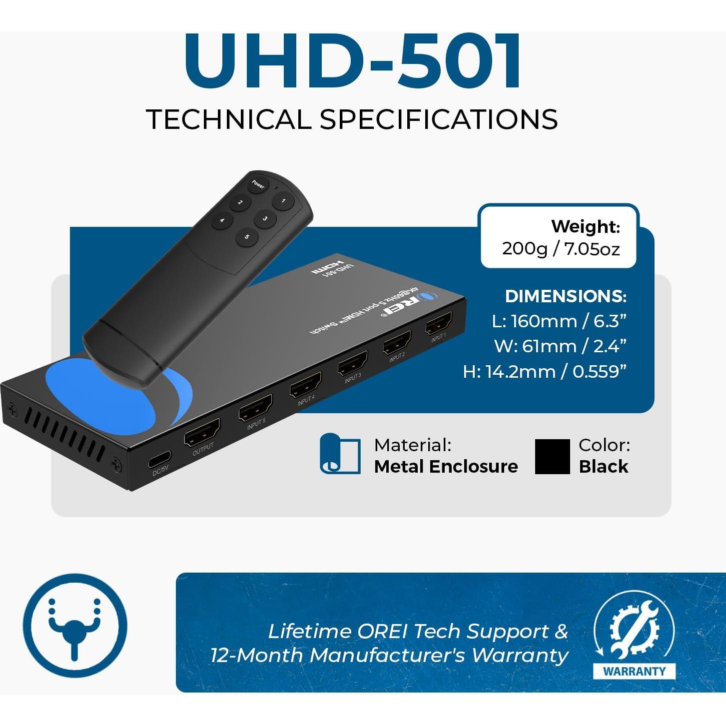 Interruptor HDMI 5 en 1 OREI UHD-501 4K@60Hz con Control Remoto