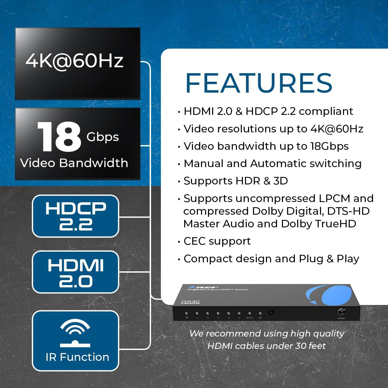 Interruptor HDMI 5 en 1 OREI UHD-501 4K@60Hz con Control Remoto