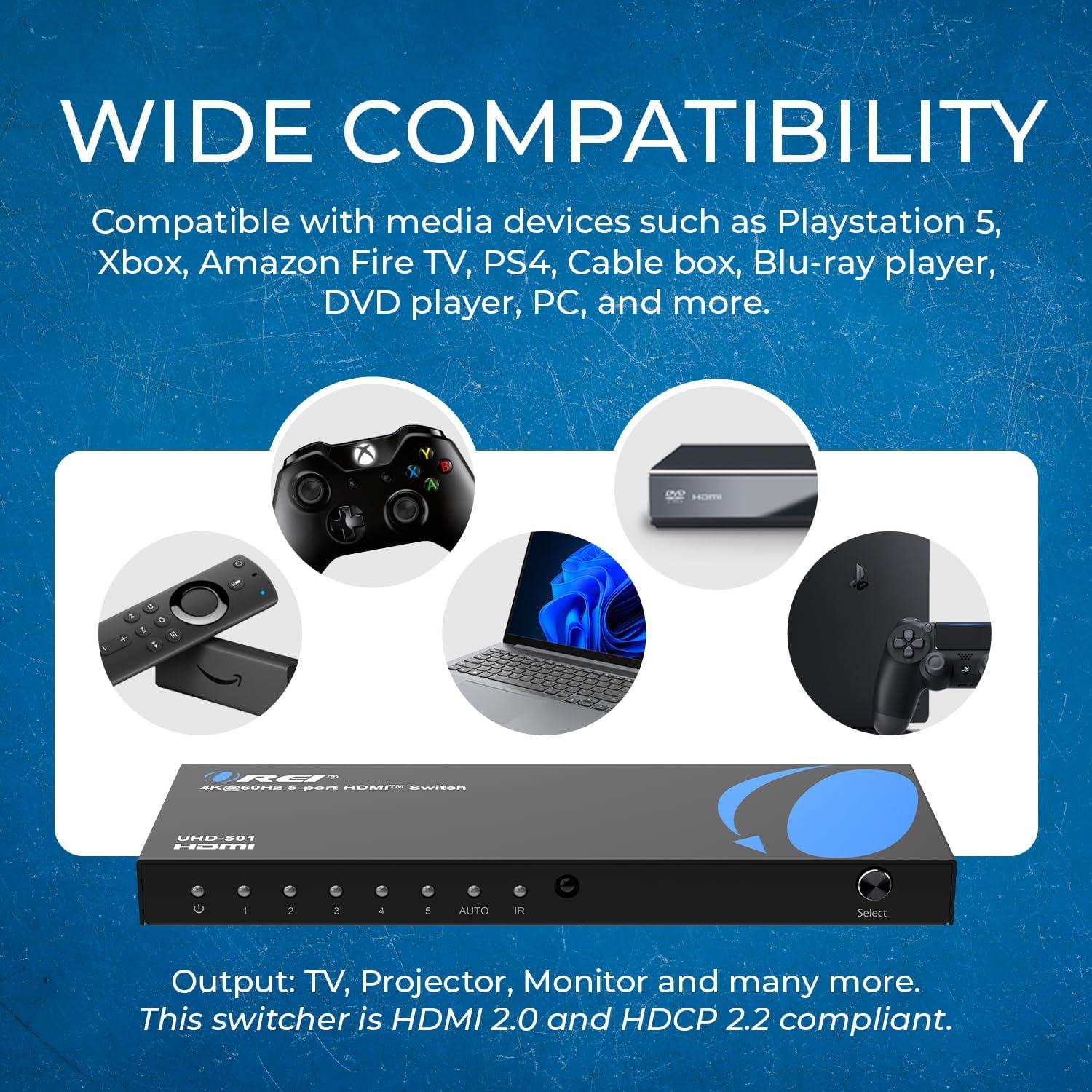 Interruptor HDMI 5 en 1 OREI UHD-501 4K@60Hz con Control Remoto