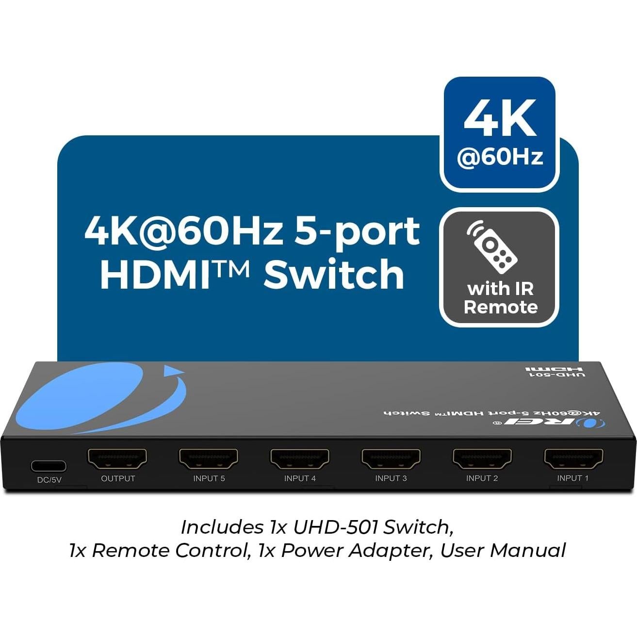 Interruptor HDMI 5 en 1 OREI UHD-501 4K@60Hz con Control Remoto
