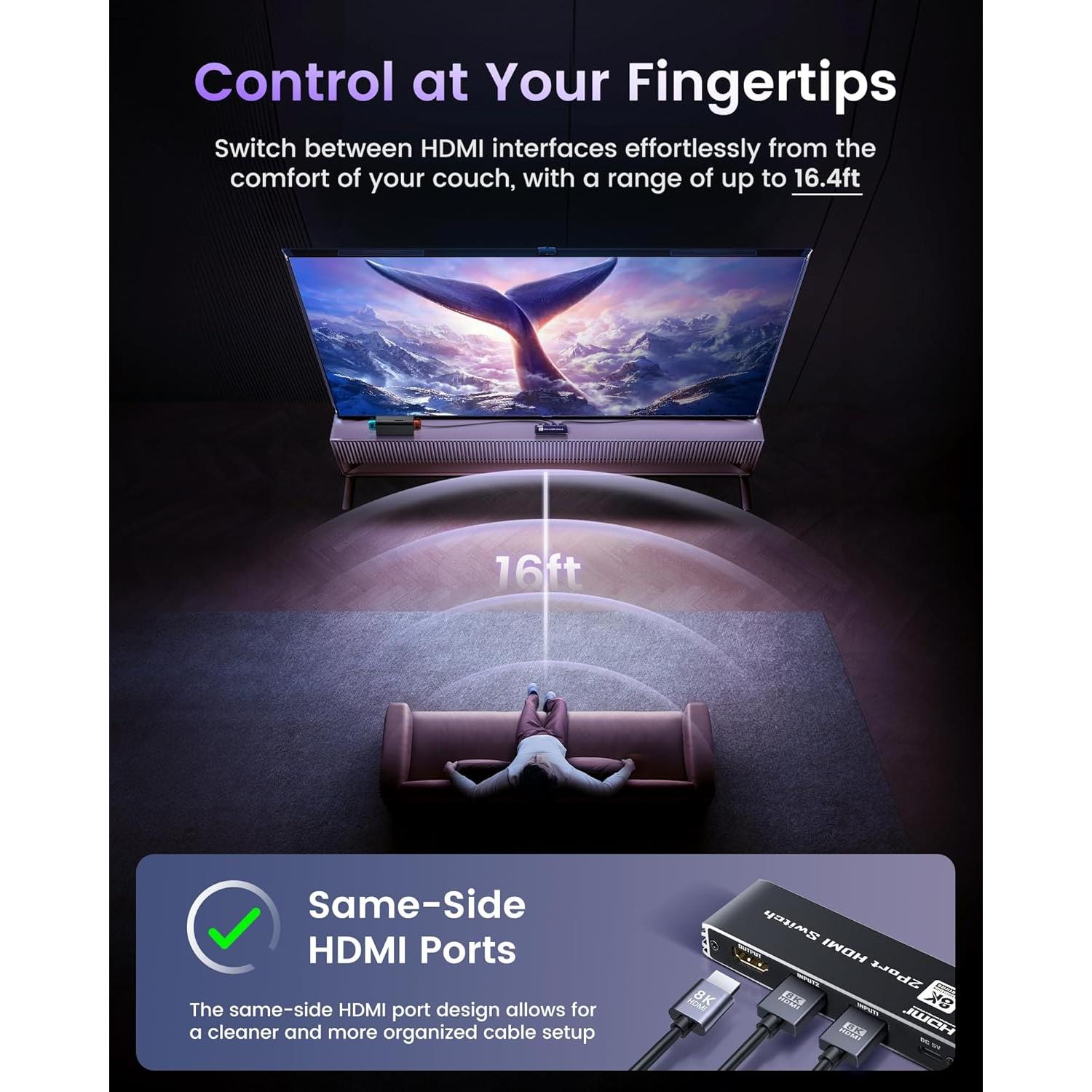 avedio links 8K HDMI 2.1 Switch 4K@120Hz 8K@60Hz, Bi-Directional 2 in 1 Out HDMI Switcher with Remote, Aluminum HDMI Splitter 2 in 1 Out Ultra HD Compatible with PS5 Xbox Fire Stick and More (Black)