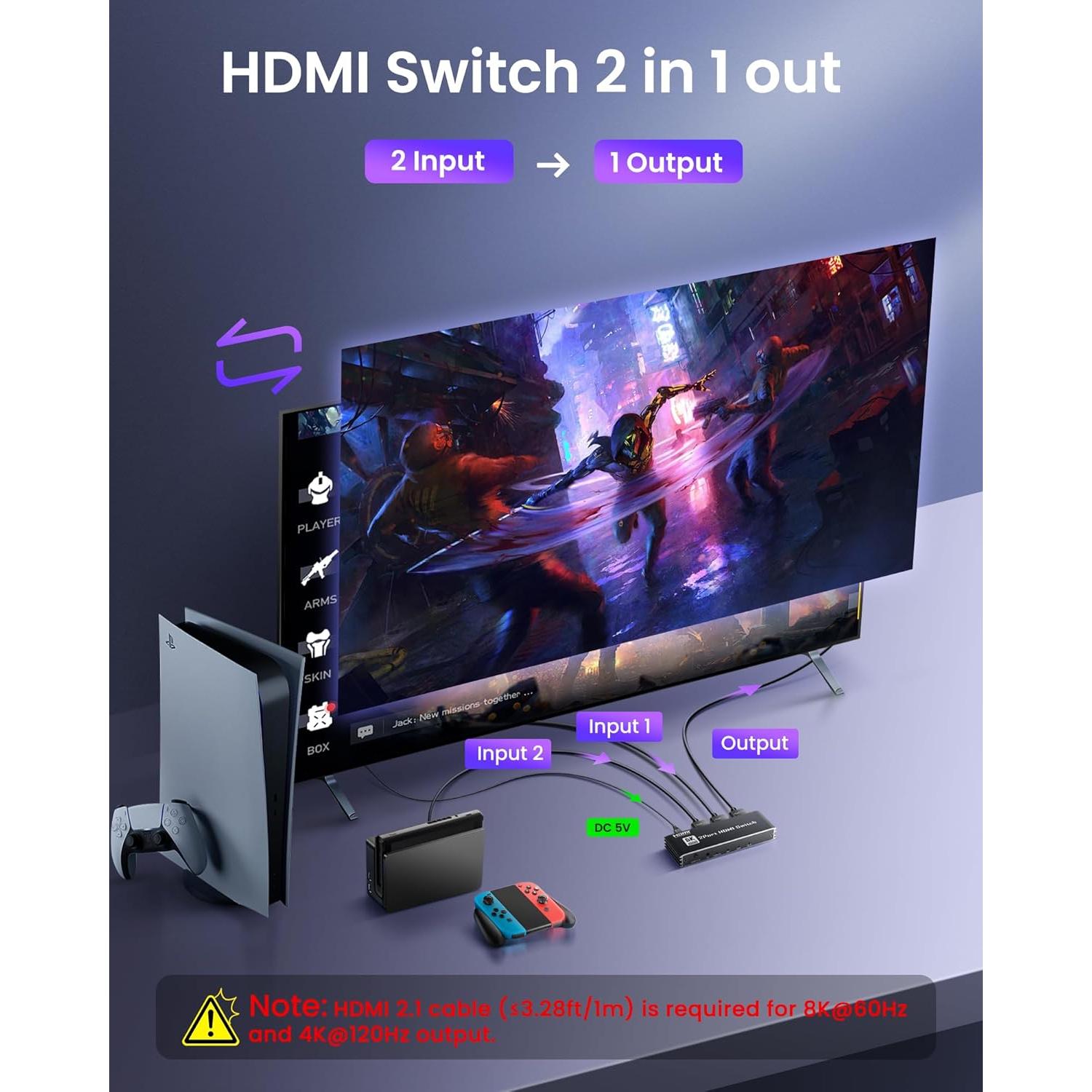 avedio links 8K HDMI 2.1 Switch 4K@120Hz 8K@60Hz, Bi-Directional 2 in 1 Out HDMI Switcher with Remote, Aluminum HDMI Splitter 2 in 1 Out Ultra HD Compatible with PS5 Xbox Fire Stick and More (Black)