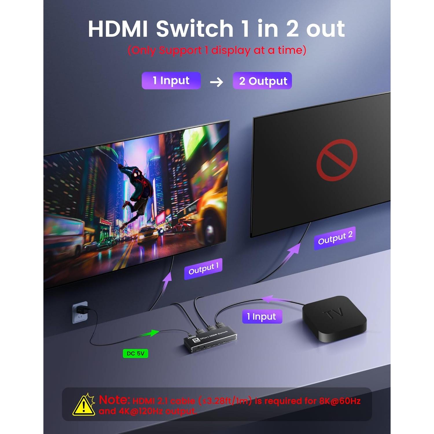 avedio links 8K HDMI 2.1 Switch 4K@120Hz 8K@60Hz, Bi-Directional 2 in 1 Out HDMI Switcher with Remote, Aluminum HDMI Splitter 2 in 1 Out Ultra HD Compatible with PS5 Xbox Fire Stick and More (Black)