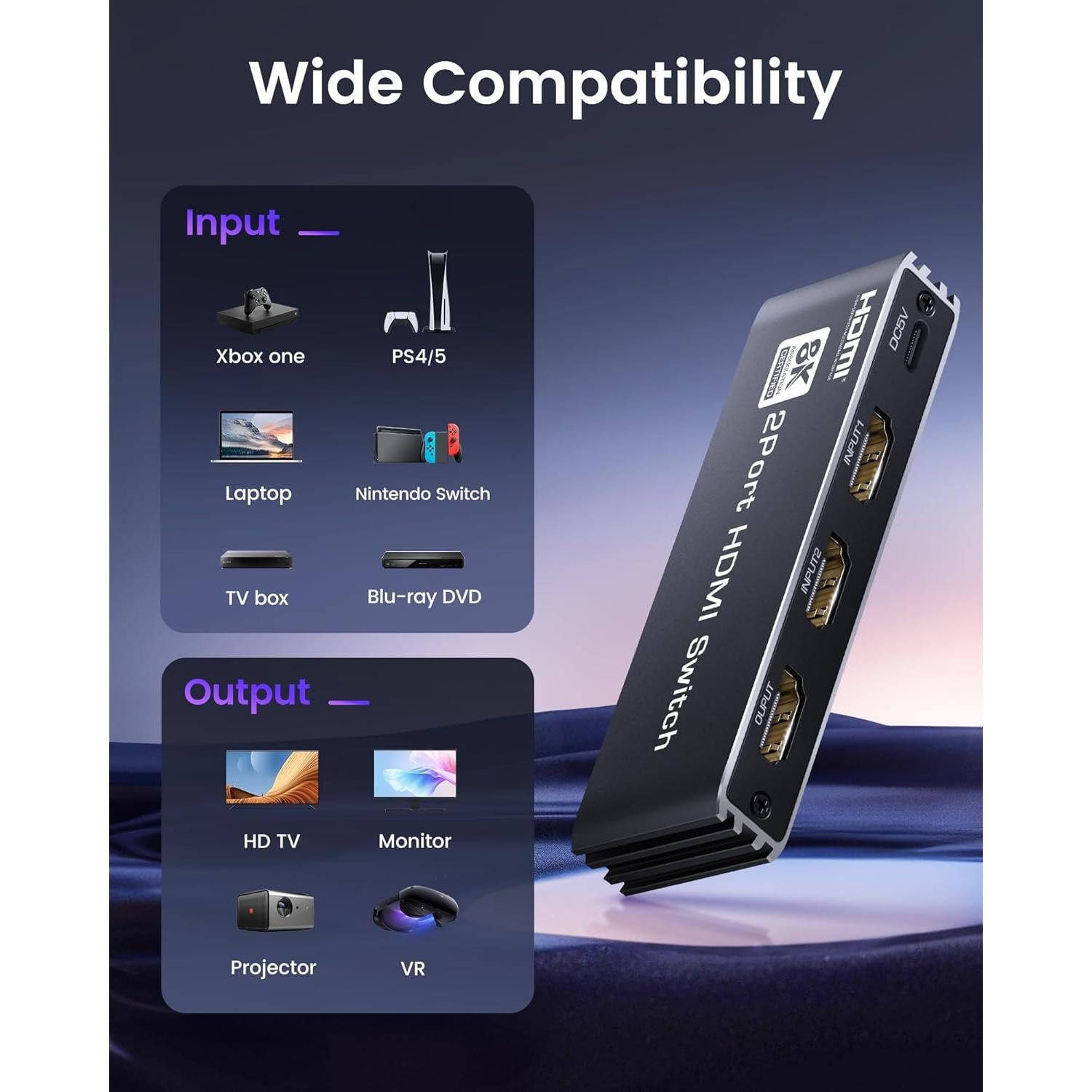 avedio links 8K HDMI 2.1 Switch 4K@120Hz 8K@60Hz, Bi-Directional 2 in 1 Out HDMI Switcher with Remote, Aluminum HDMI Splitter 2 in 1 Out Ultra HD Compatible with PS5 Xbox Fire Stick and More (Black)