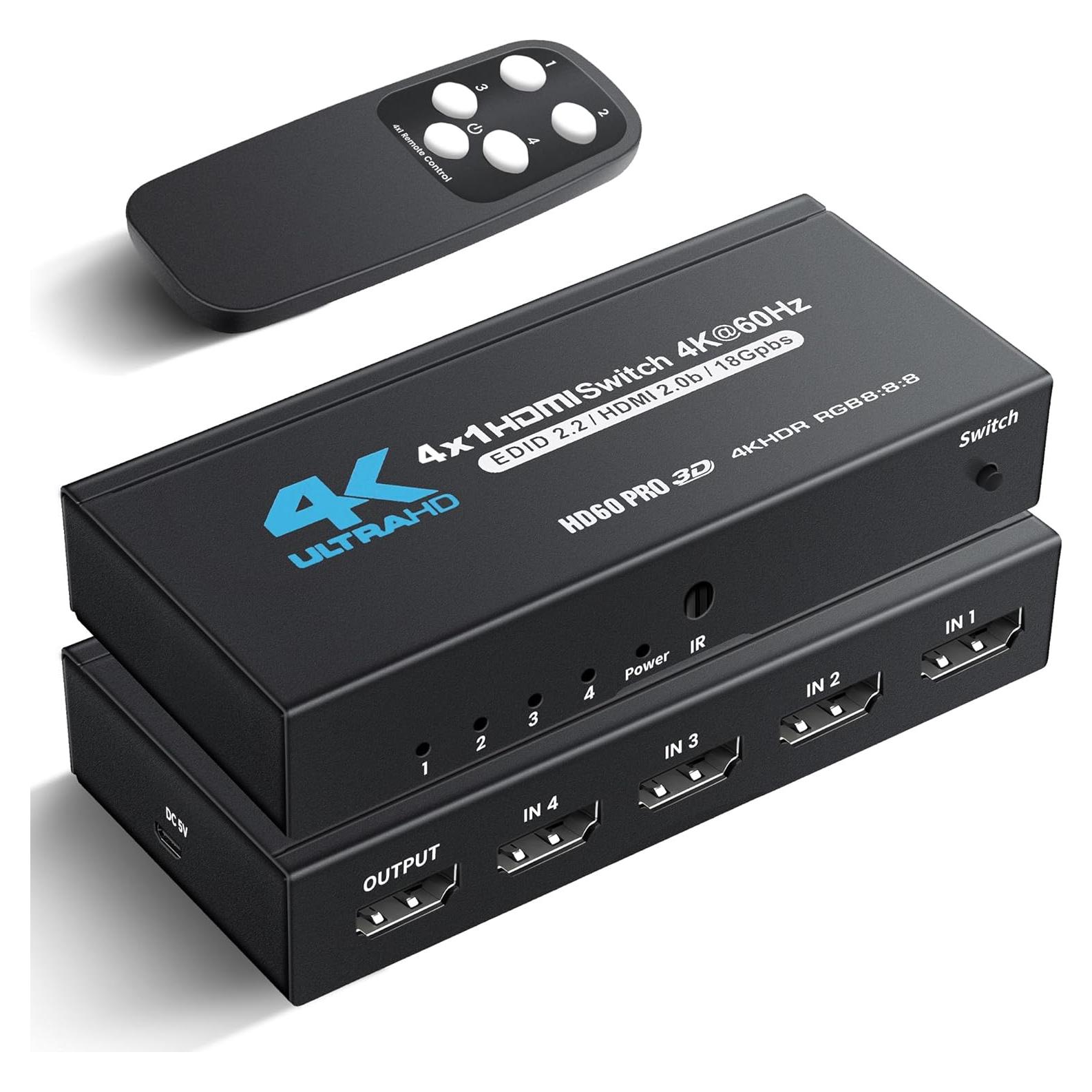 Interruptor HDMI 4K@60Hz NUEVO CUIDADO 4x1 con Control Remoto