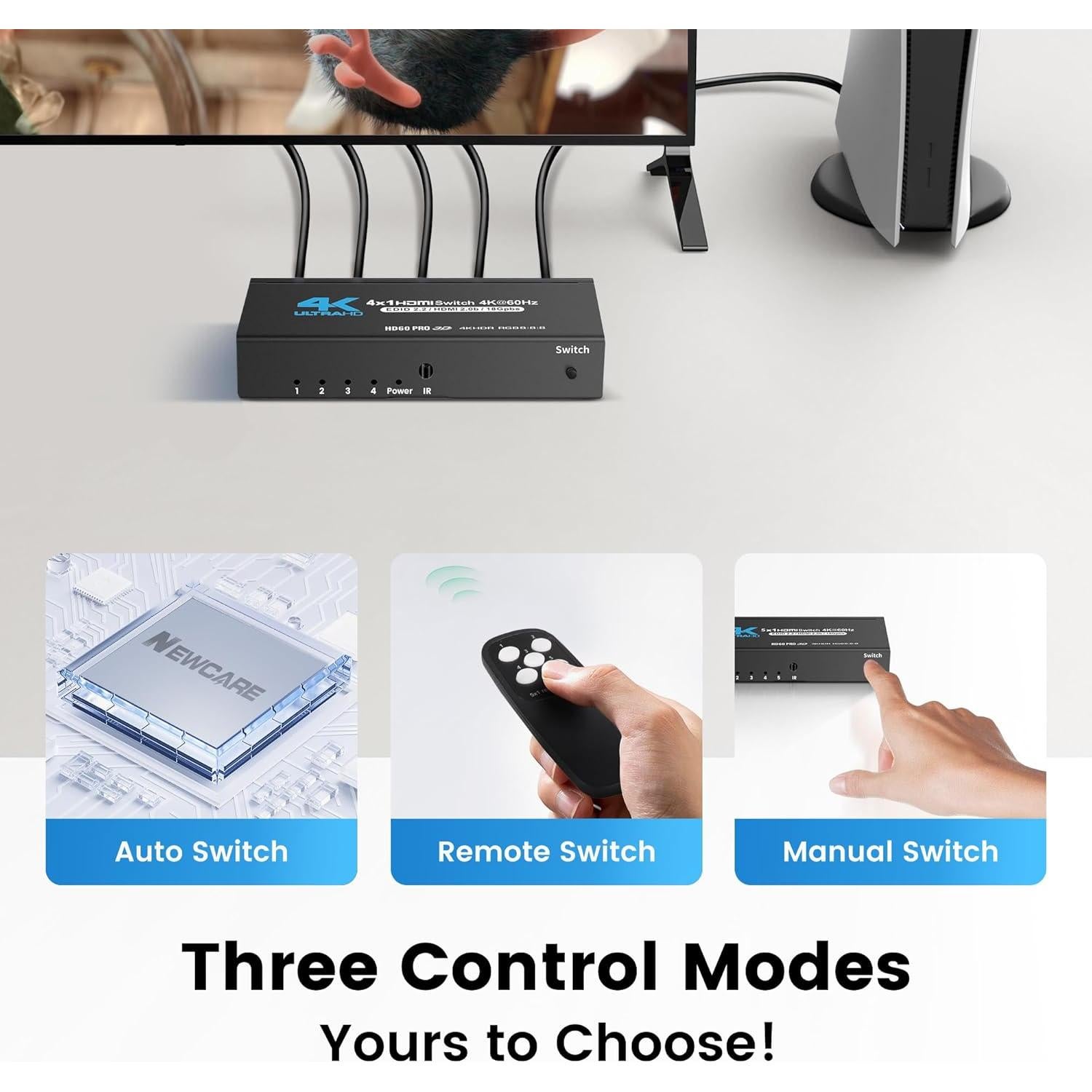 Interruptor HDMI 4K@60Hz NUEVO CUIDADO 4x1 con Control Remoto