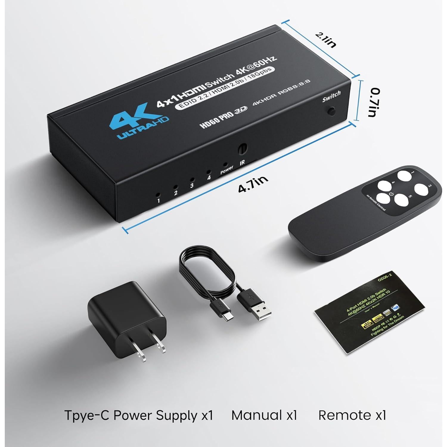 Interruptor HDMI 4K@60Hz NUEVO CUIDADO 4x1 con Control Remoto