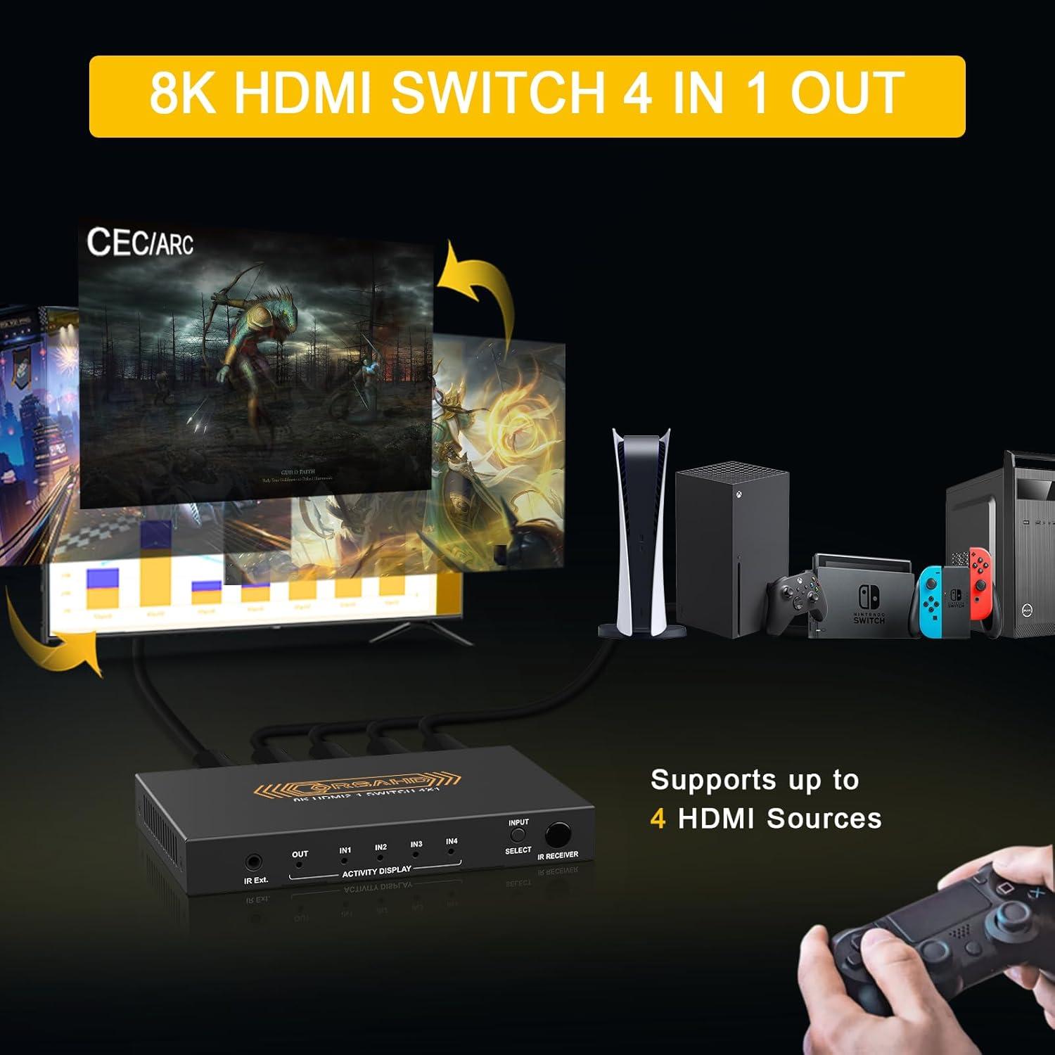 Interruptor HDMI 2.1 4x1 CORSAHD 8K 60Hz 48Gbps Control Remoto