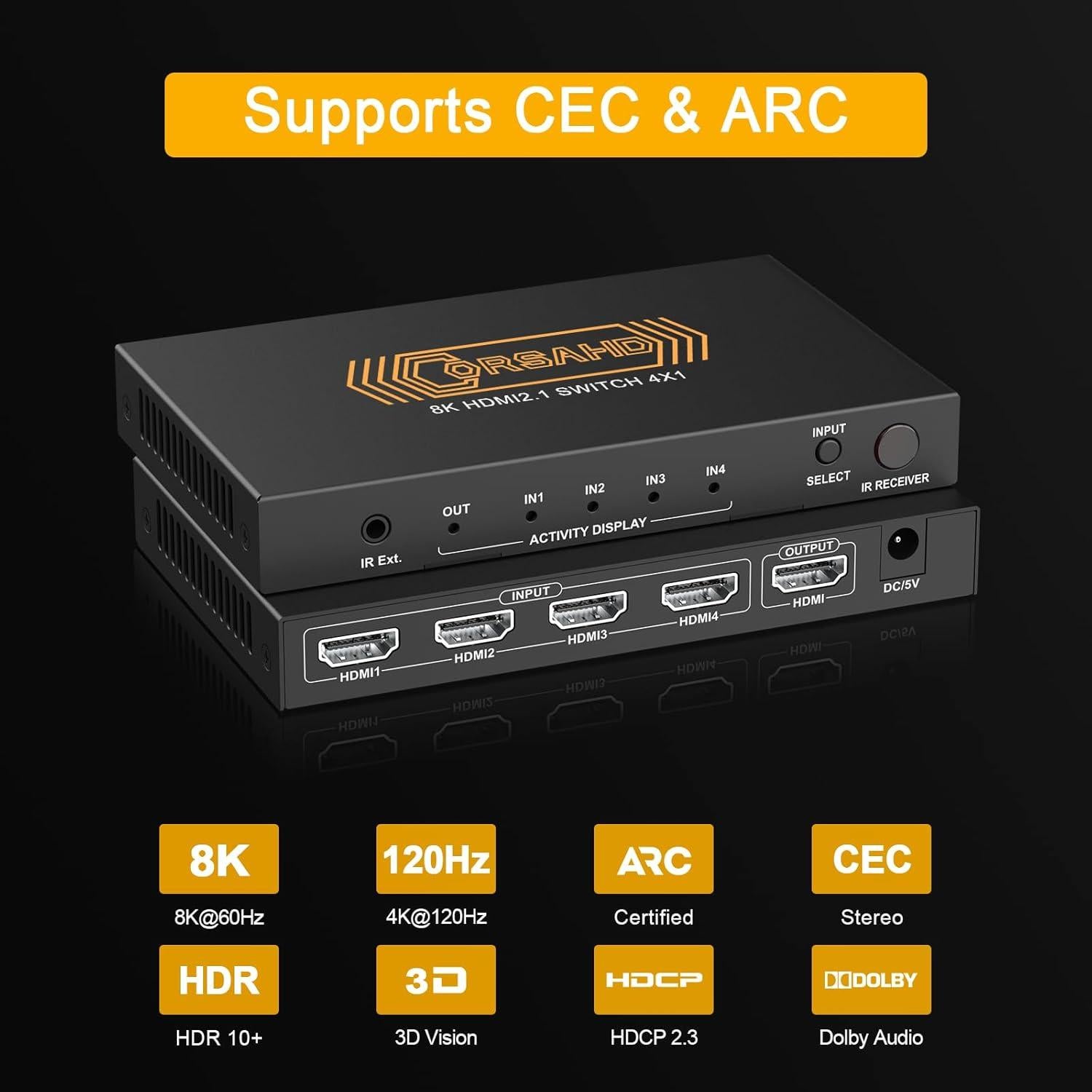 Interruptor HDMI 2.1 4x1 CORSAHD 8K 60Hz 48Gbps Control Remoto