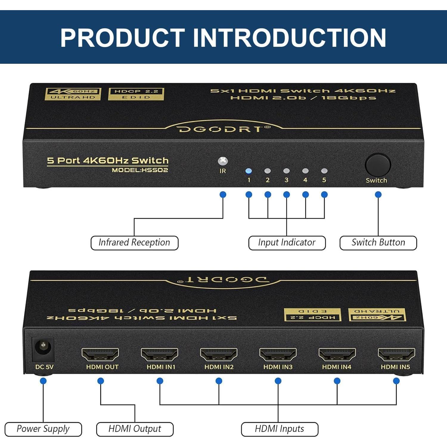 Conmutador HDMI 5 en 1 DGODRT 4K@60Hz con Control Remoto