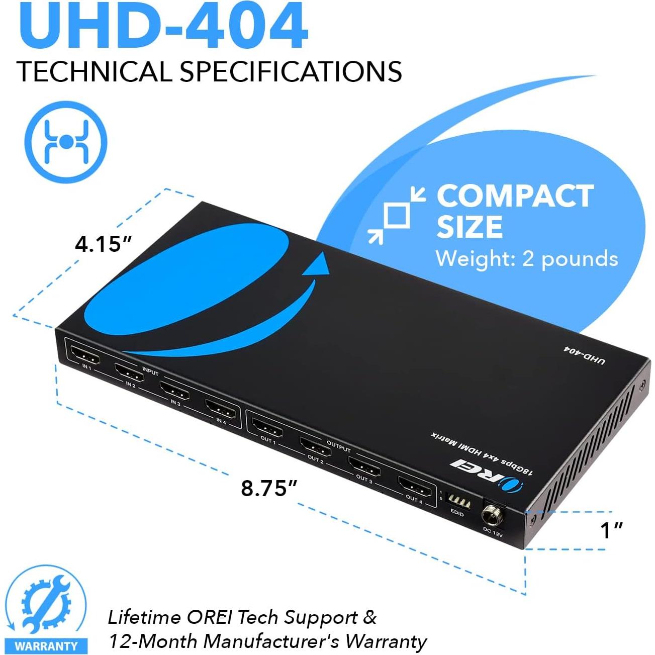 Matriz HDMI 4x4 OREI UHD-404A 4K 60Hz con Control Remoto