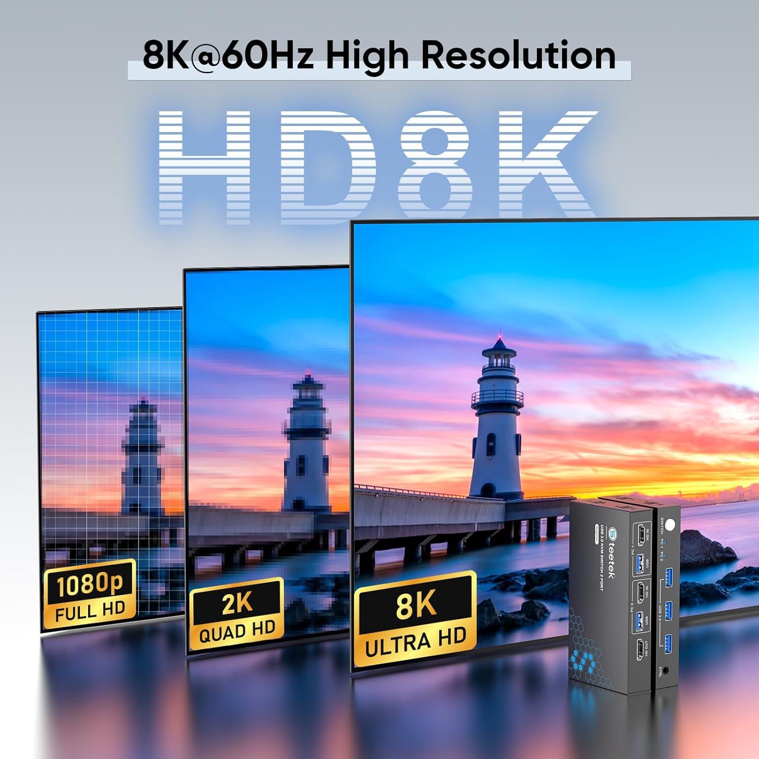 Interruptor KVM HDMI 8K Steetek 1 Monitor 2 Computadoras