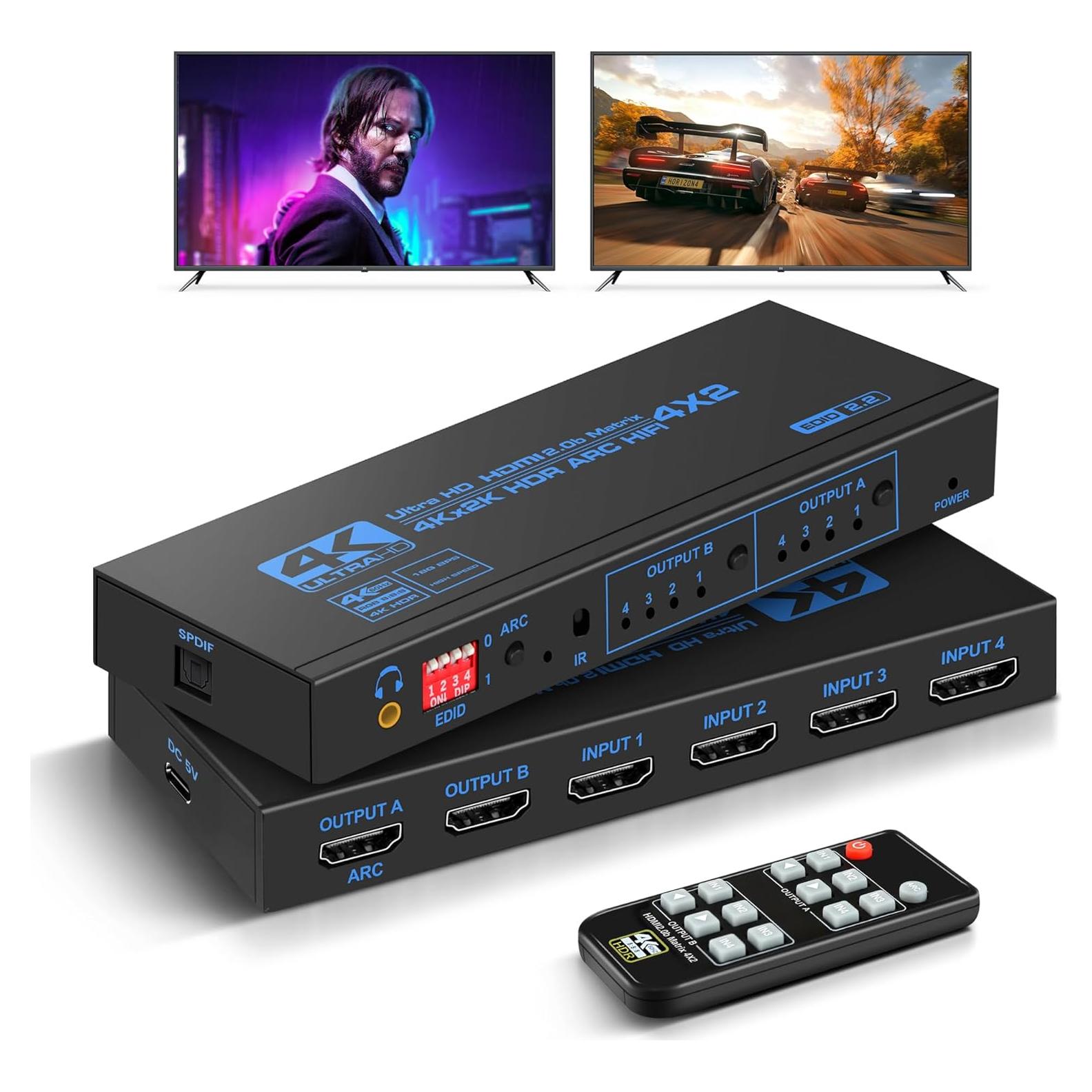 Conmutador HDMI 4K@60Hz 4x2 avedio links con ARC y audio