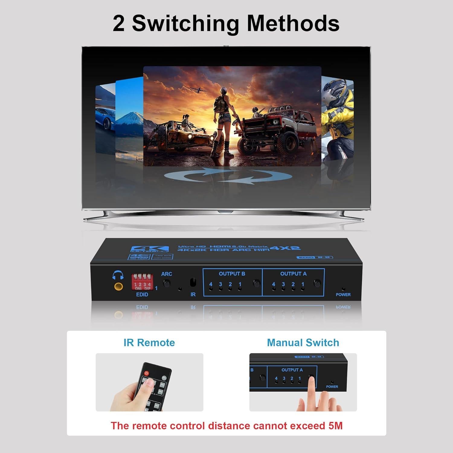 Conmutador HDMI 4K@60Hz 4x2 avedio links con ARC y audio