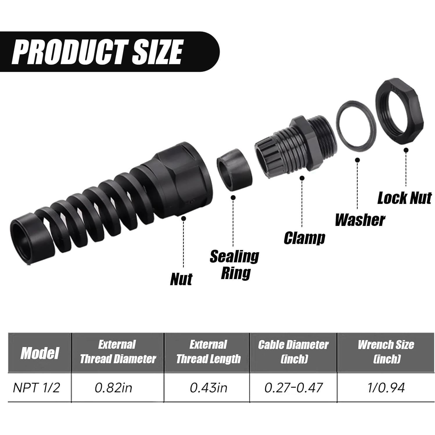 Cable Gland Nylon YIOVVOM NPT1/2" 10PCS IP68 Impermeable