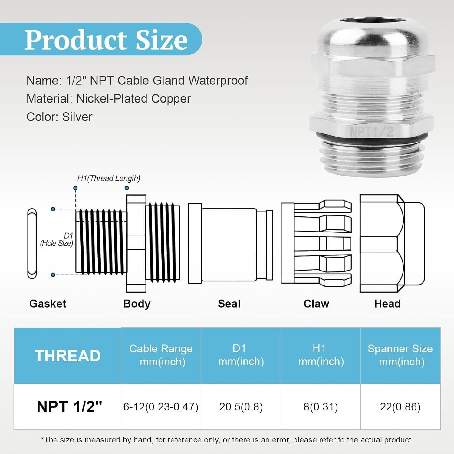 4 Piezas Conector Cable Gland NPT 1/2" OJP IP68 6-12mm