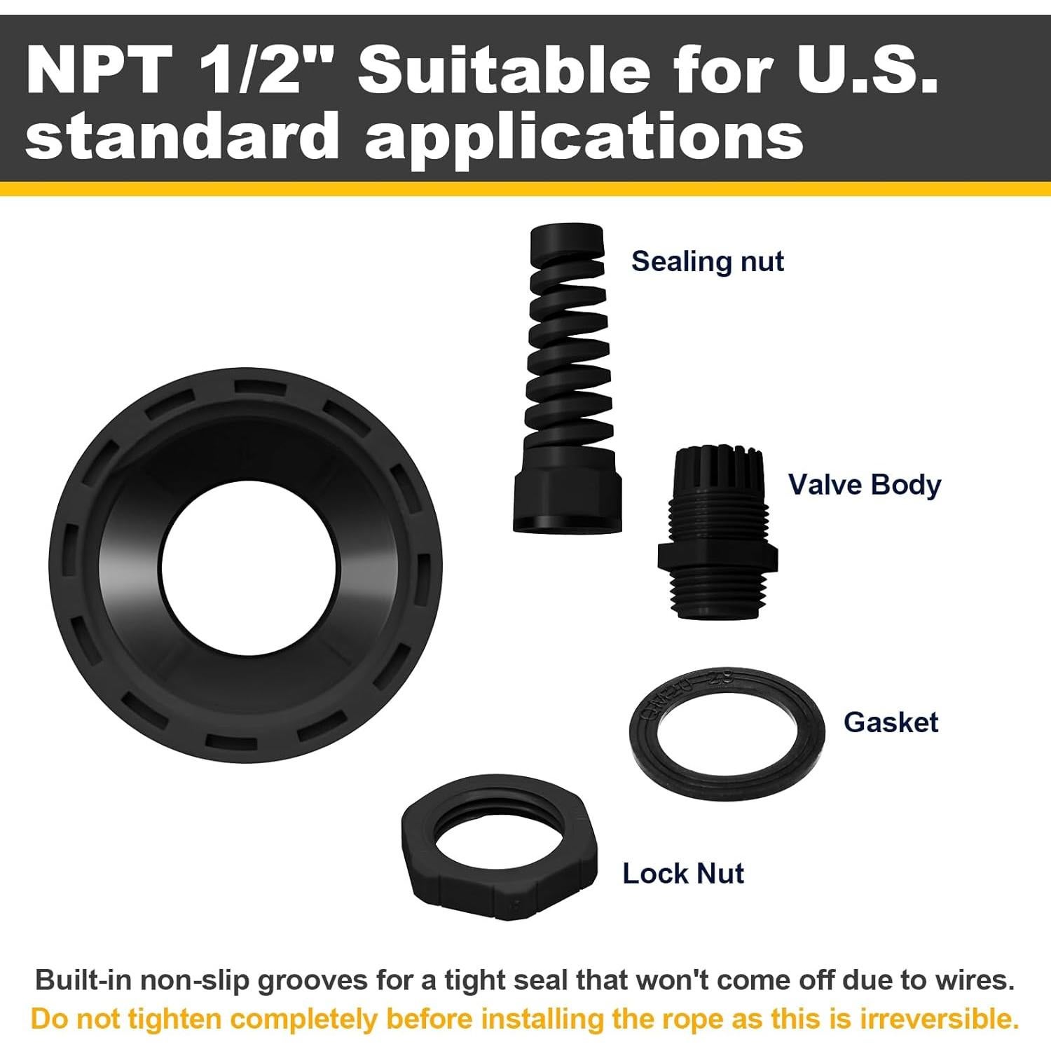 Paquete de 5 Conectores de Alivio de Tensión Nylon Negro NPT 1/2"