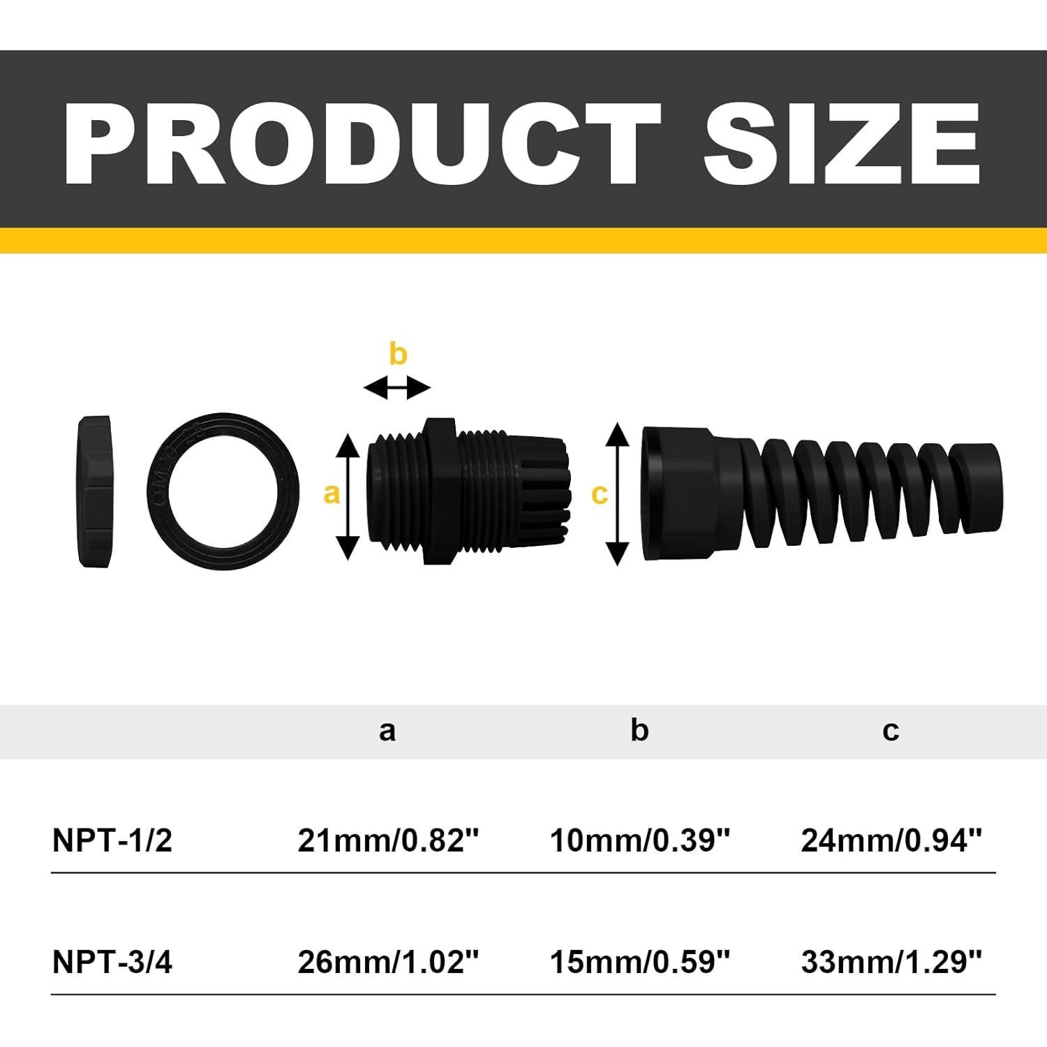 Paquete de 5 Conectores de Alivio de Tensión Nylon Negro NPT 1/2"