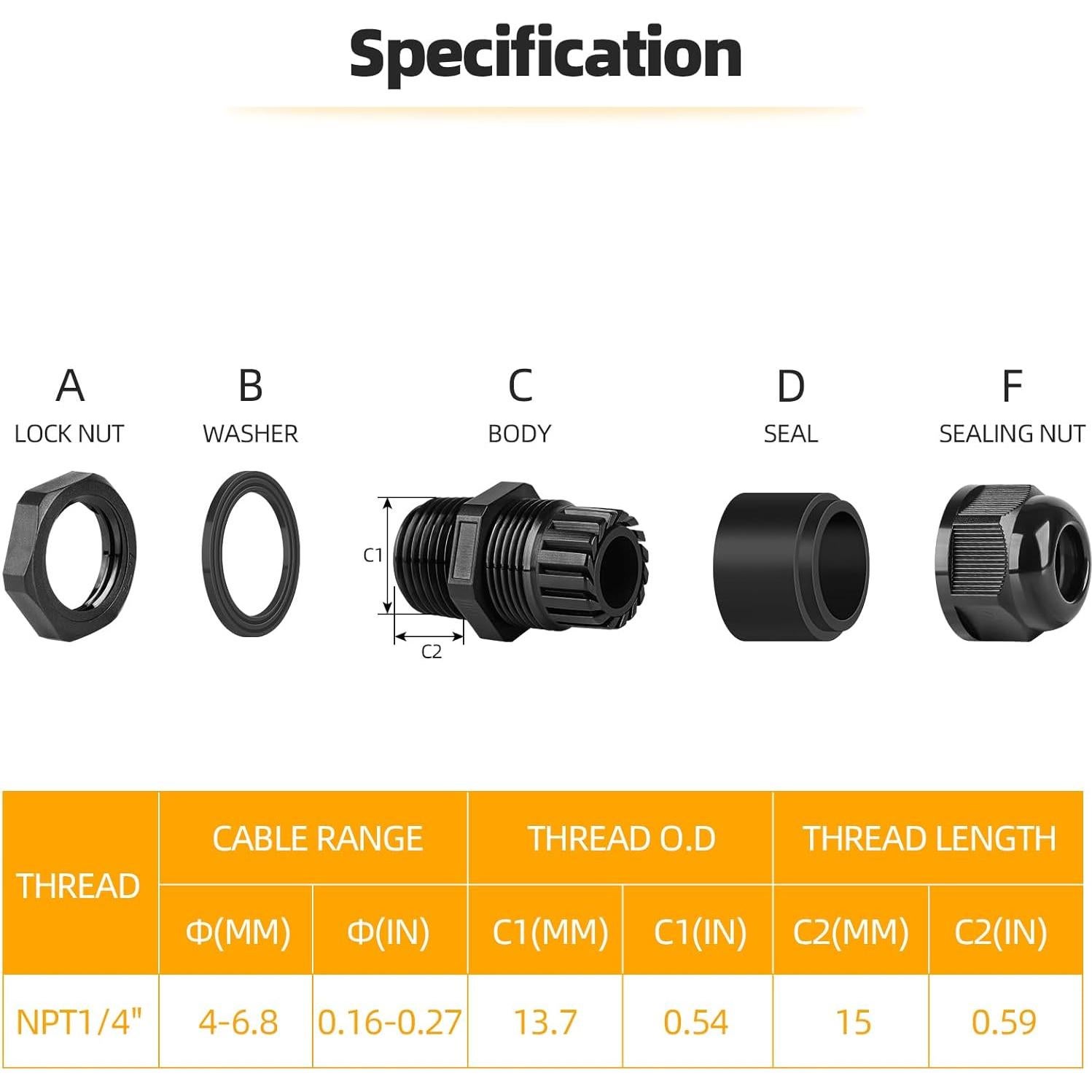 Conector de Cable Nylon NPT 1/4" (6.35 mm) IP68 - 10 PCS