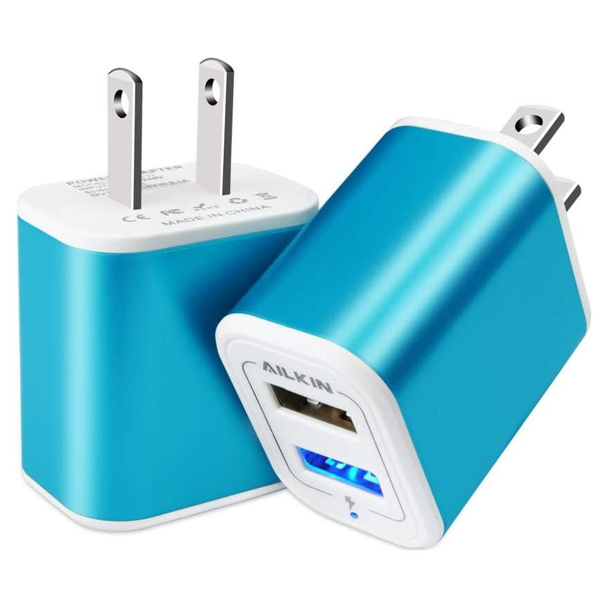 Cargador de pared USB AILKIN 2Pack 2.1A carga rápida azul