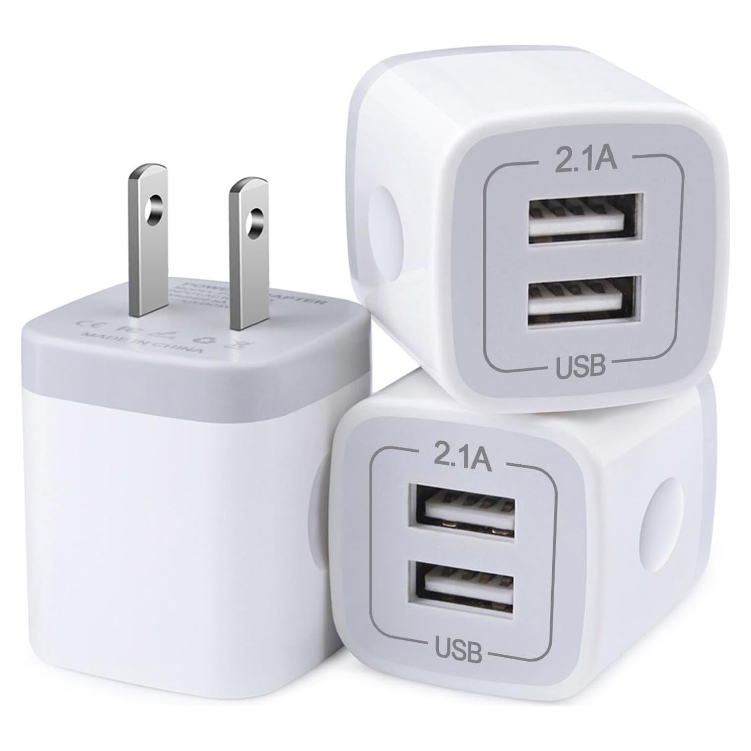 Cargador de Pared USB Rápido Doble 2.1A 3Pack Blanco