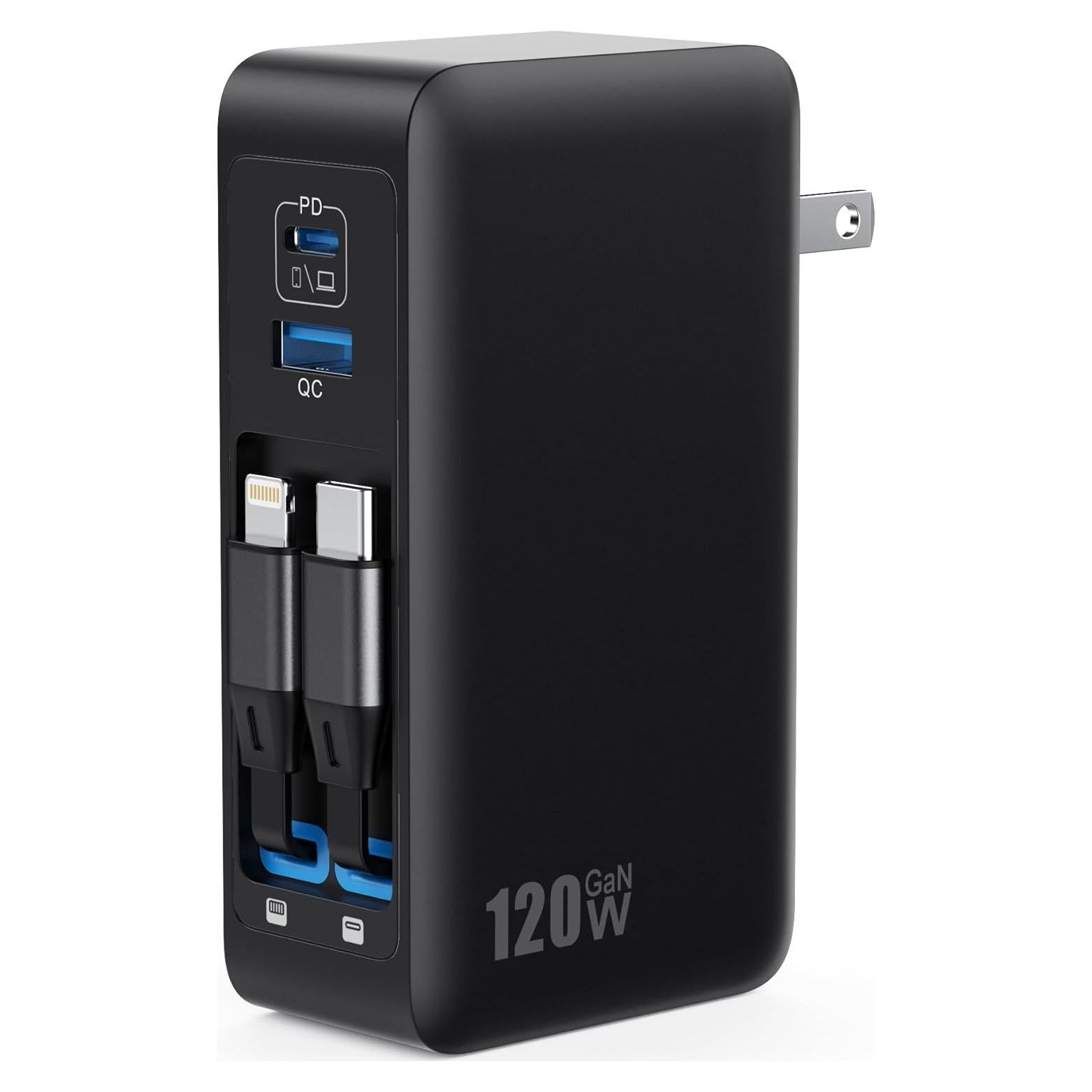 Cargador USB C 120W Retráctil GaN IV con 2 Cables Integrados