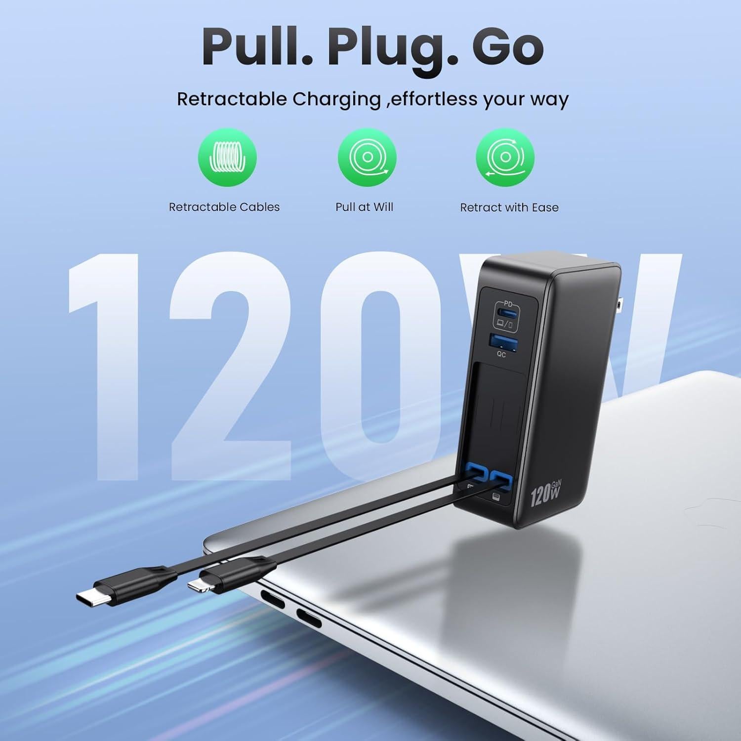 Cargador USB C 120W Retráctil GaN IV con 2 Cables Integrados