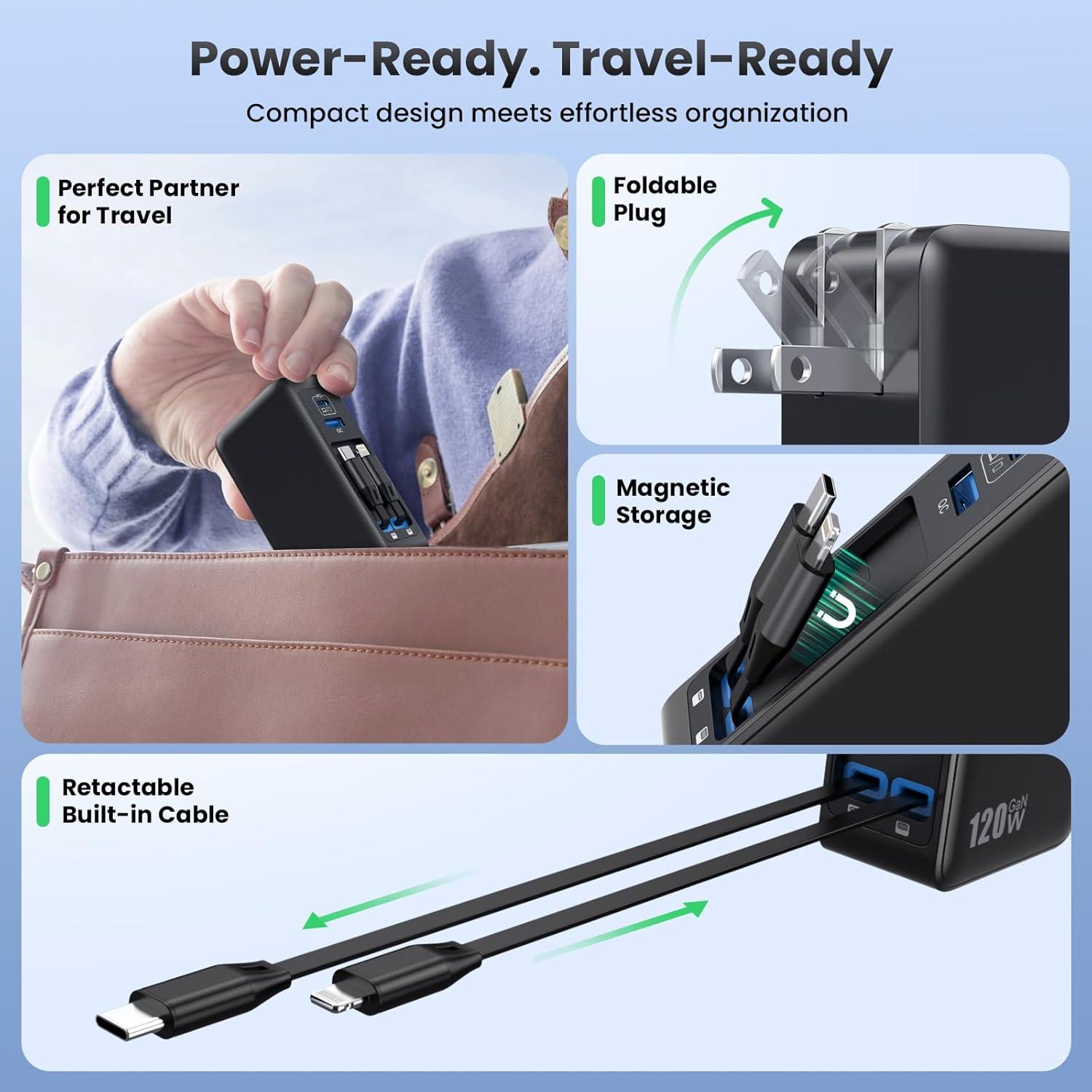 Cargador USB C 120W Retráctil GaN IV con 2 Cables Integrados