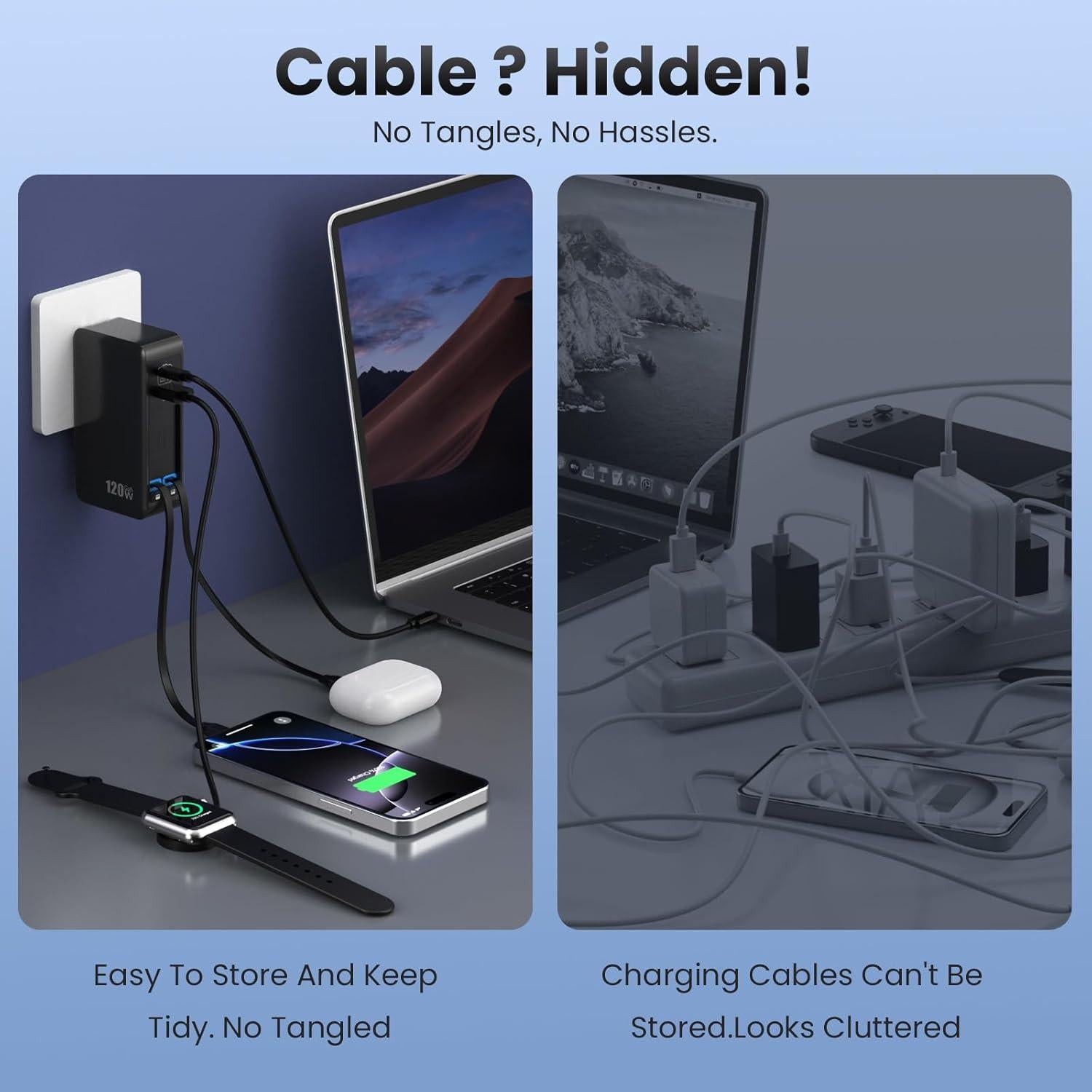 Cargador USB C 120W Retráctil GaN IV con 2 Cables Integrados
