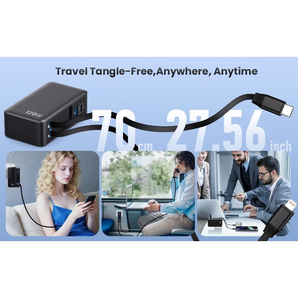 Cargador USB C 120W Retráctil GaN IV con 2 Cables Integrados