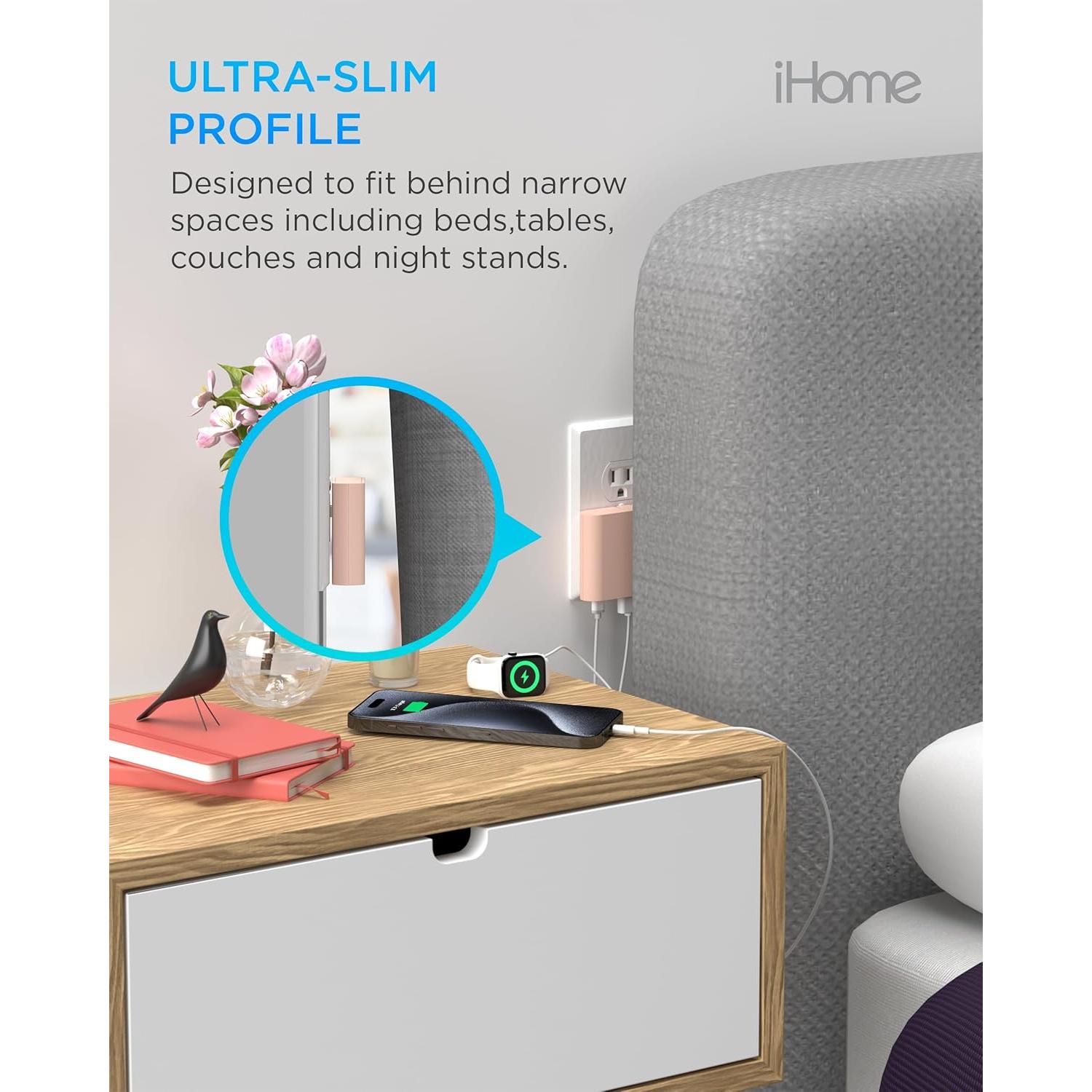 Cargador de Pared iHome 32W con 3 Puertos USB - Rosa Pastel