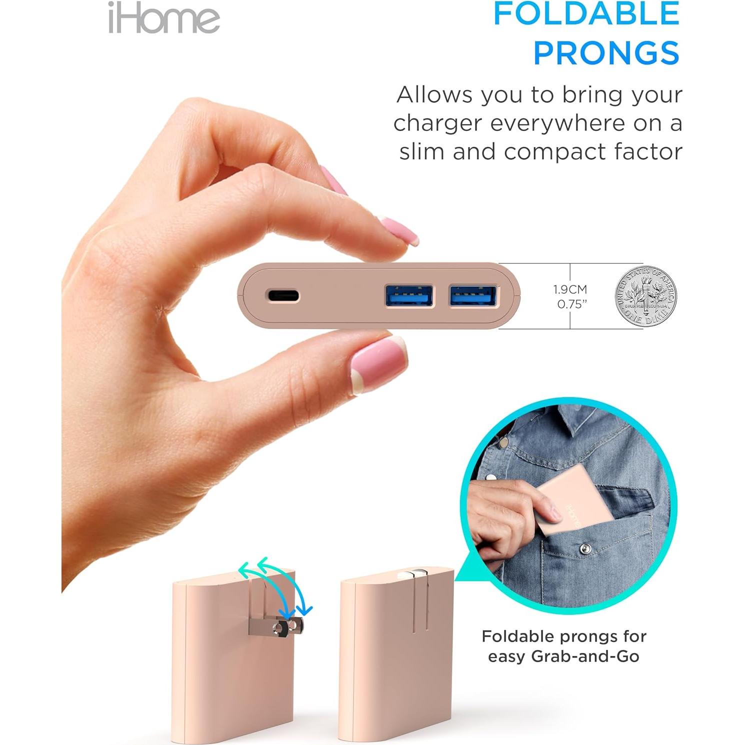 Cargador de Pared iHome 32W con 3 Puertos USB - Rosa Pastel