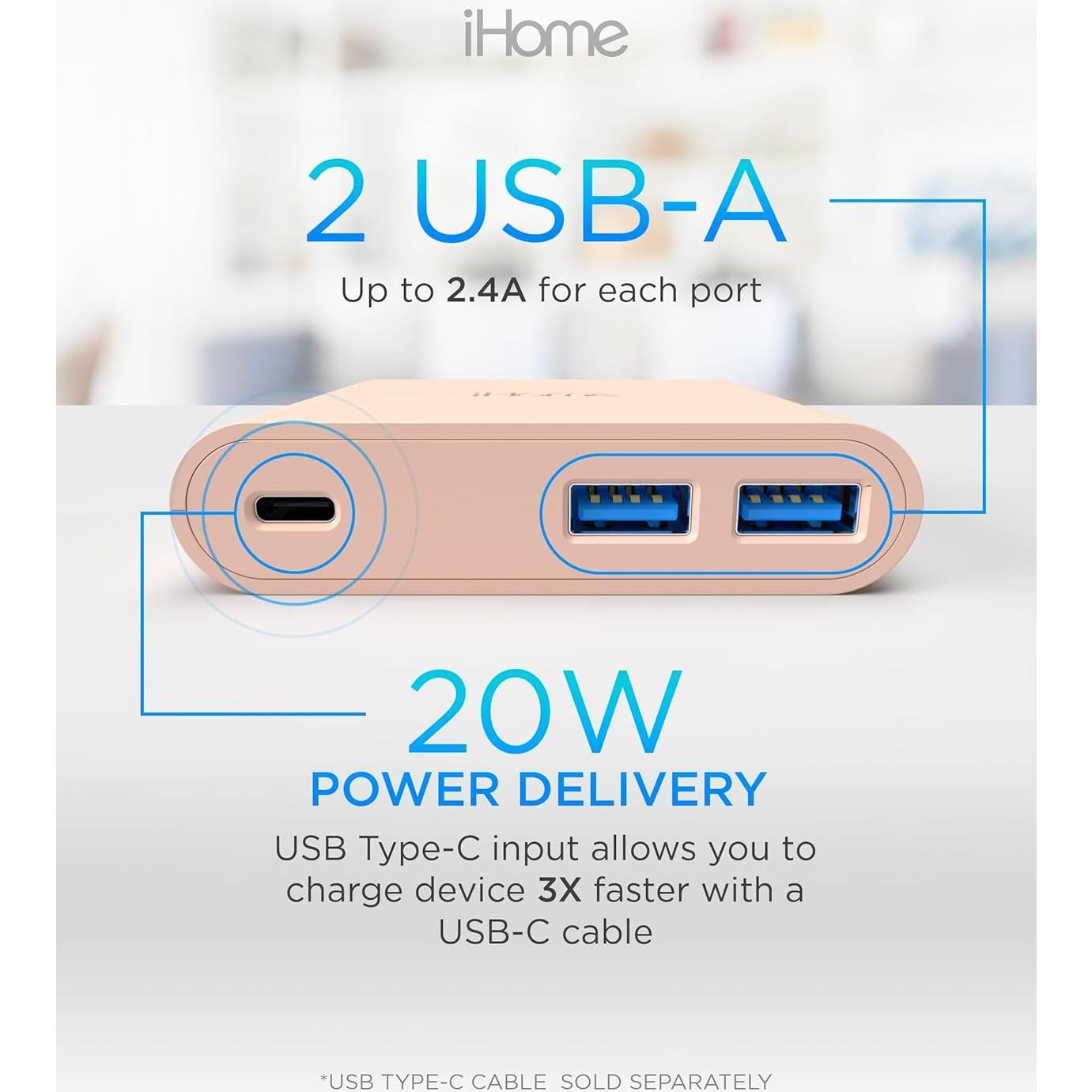 Cargador de Pared iHome 32W con 3 Puertos USB - Rosa Pastel