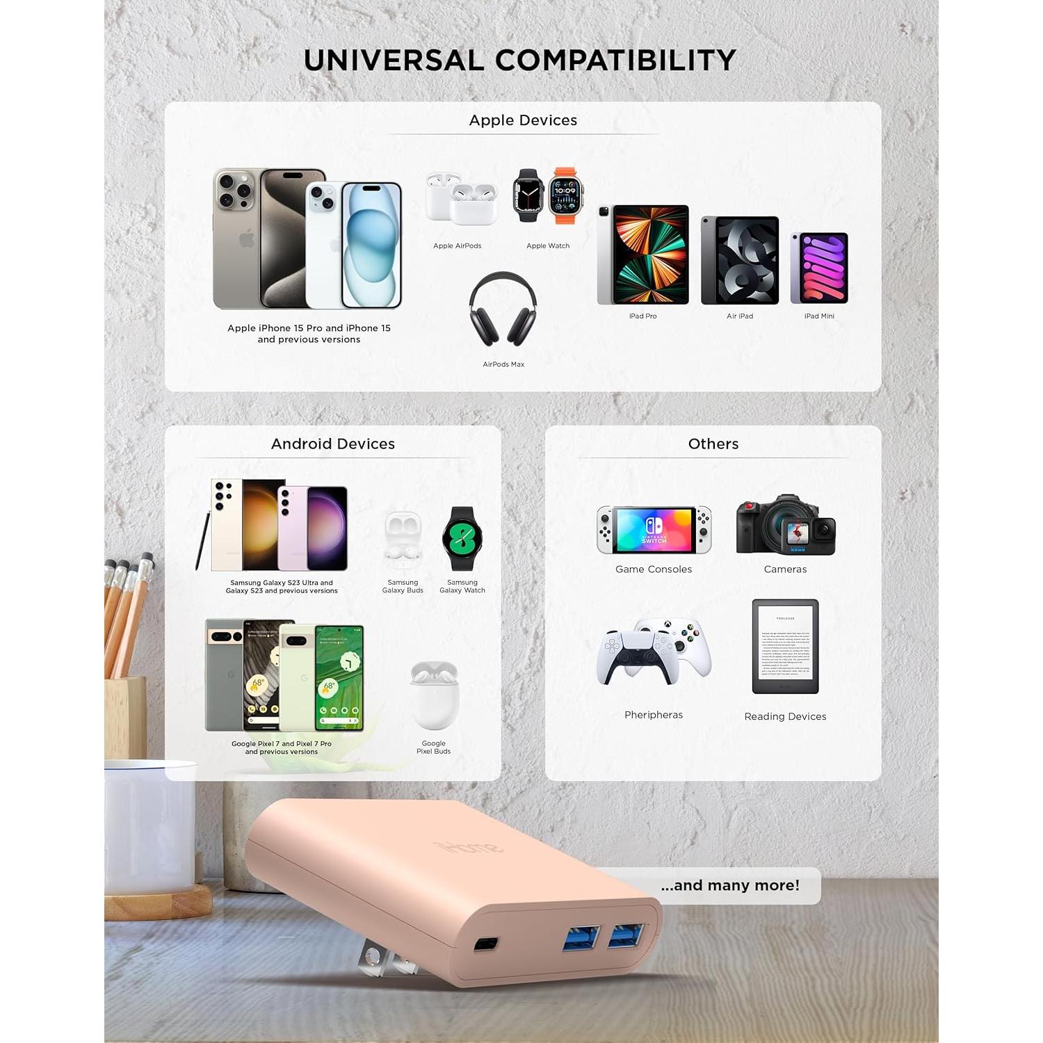 Cargador de Pared iHome 32W con 3 Puertos USB - Rosa Pastel