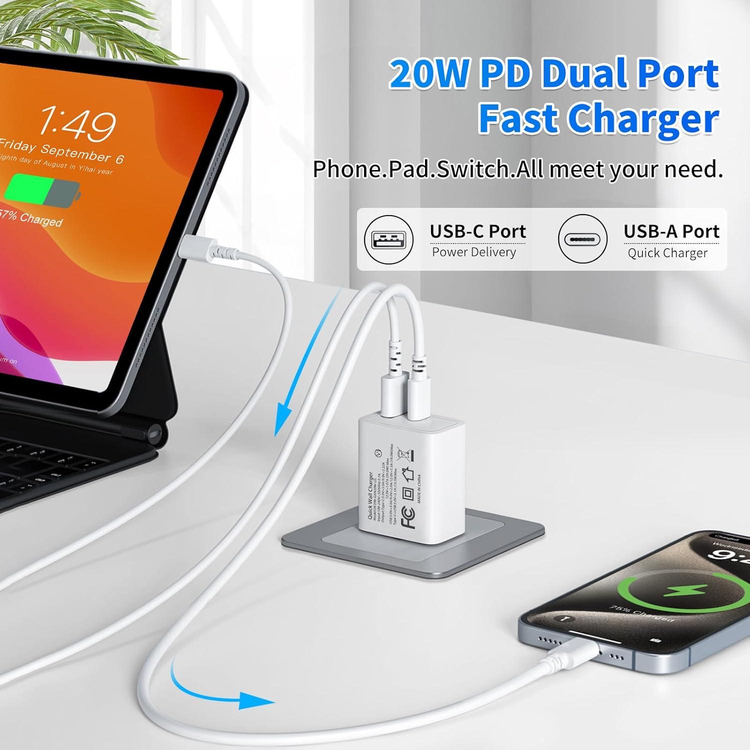 Cargador USB C Rápido 20W Doble Puerto Dingfeng Blanco