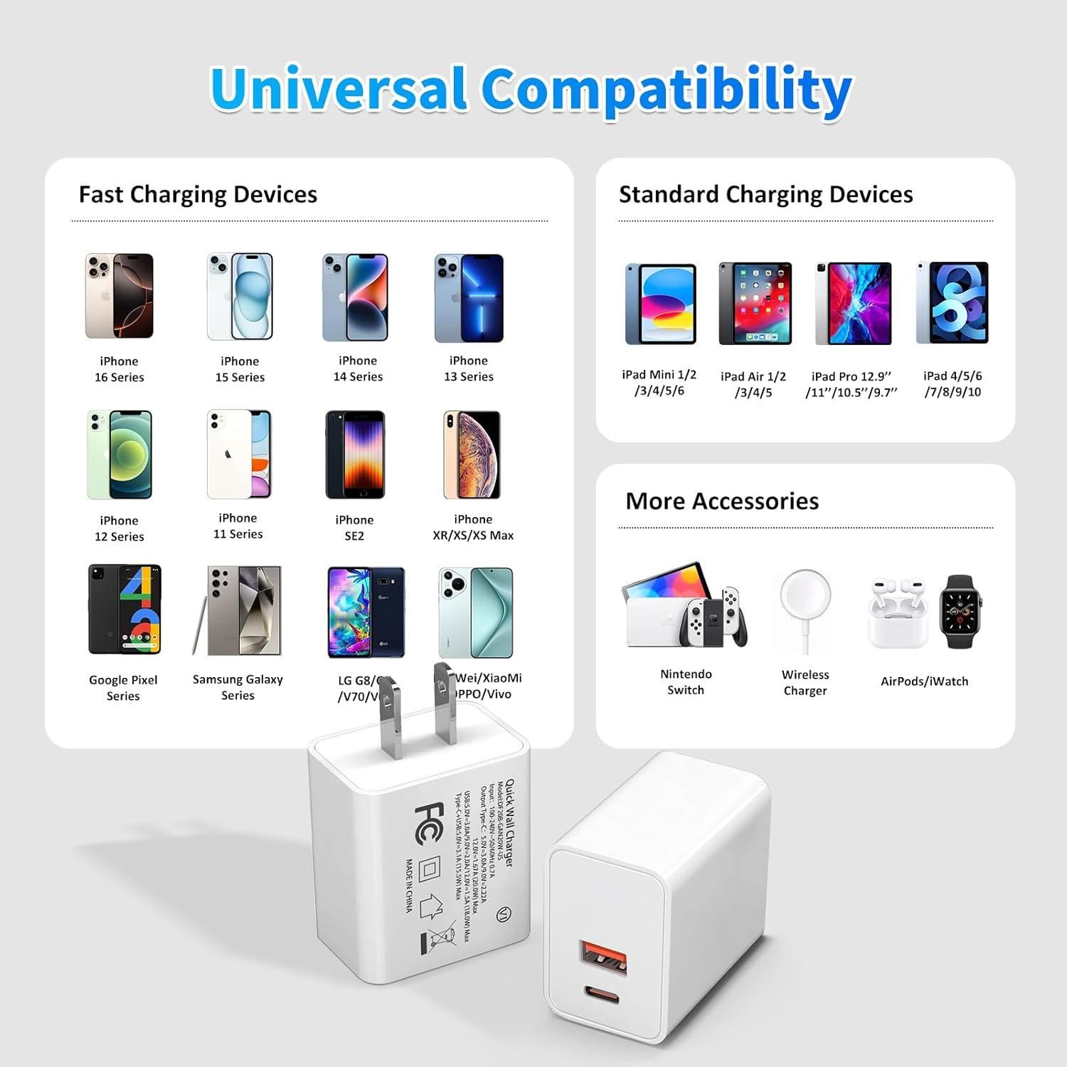 Cargador USB C Rápido 20W Doble Puerto Dingfeng Blanco