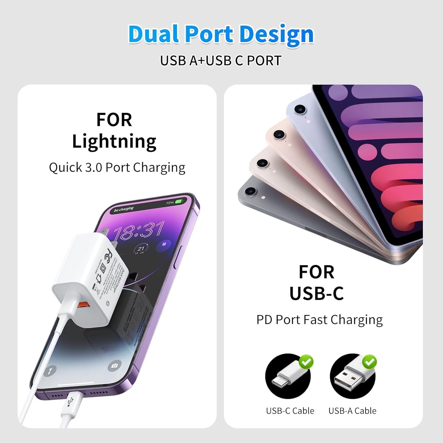 Cargador USB C Rápido 20W Doble Puerto Dingfeng Blanco