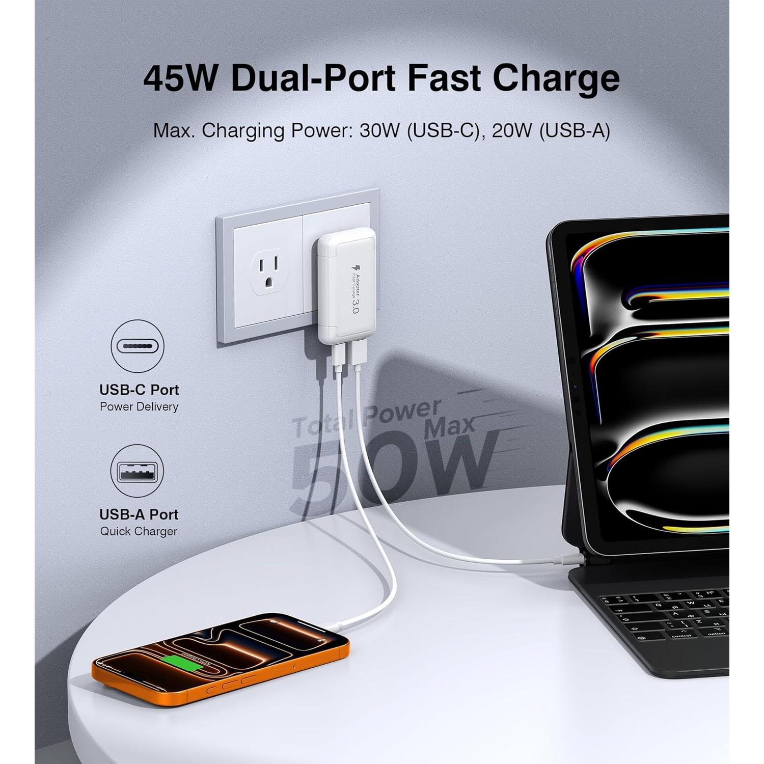 Cargador de pared USB C 50W Qwinjwin 2 Puertos Carga Rápida