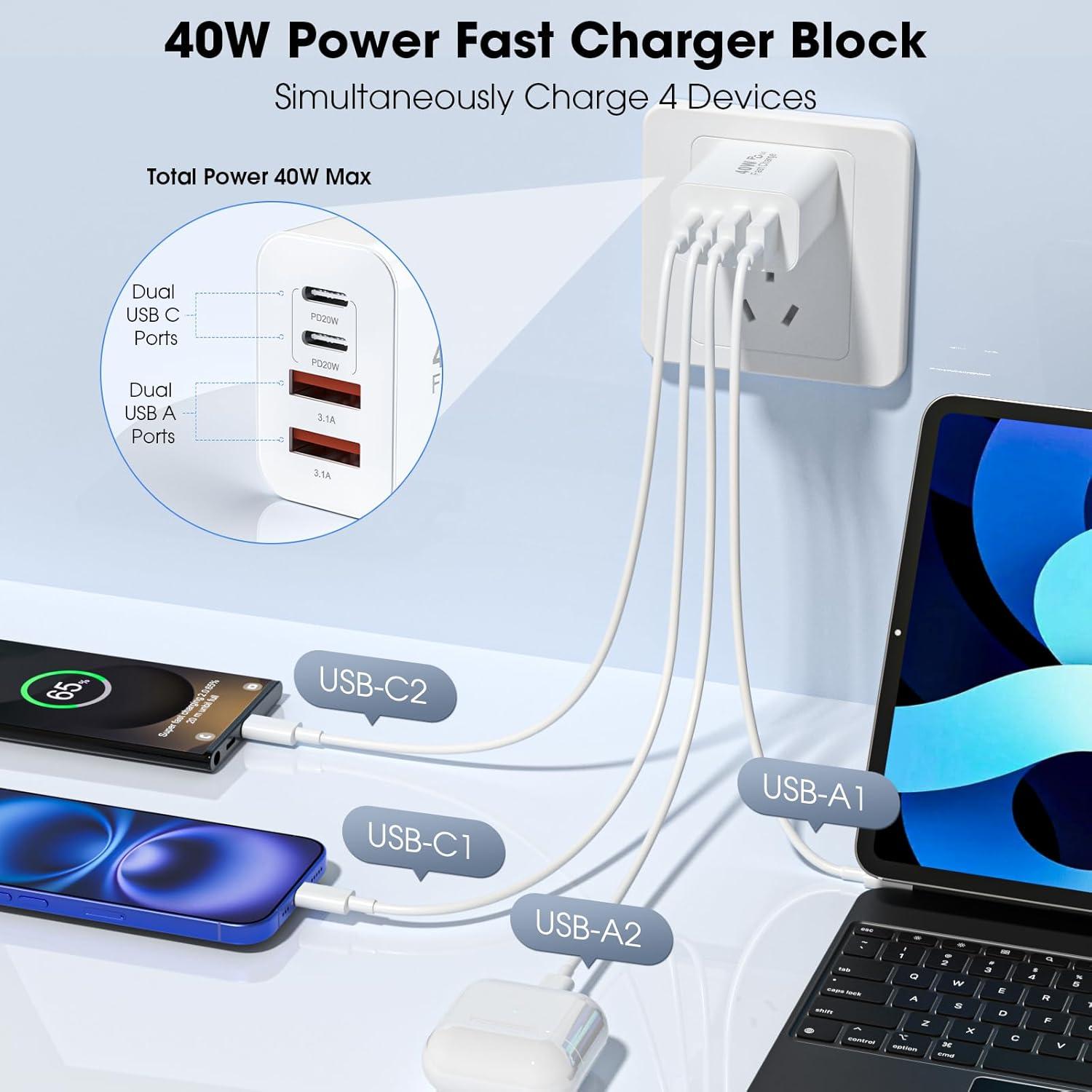 Bloque de Cargador USB C 40W 4 Puertos WWB Blanco