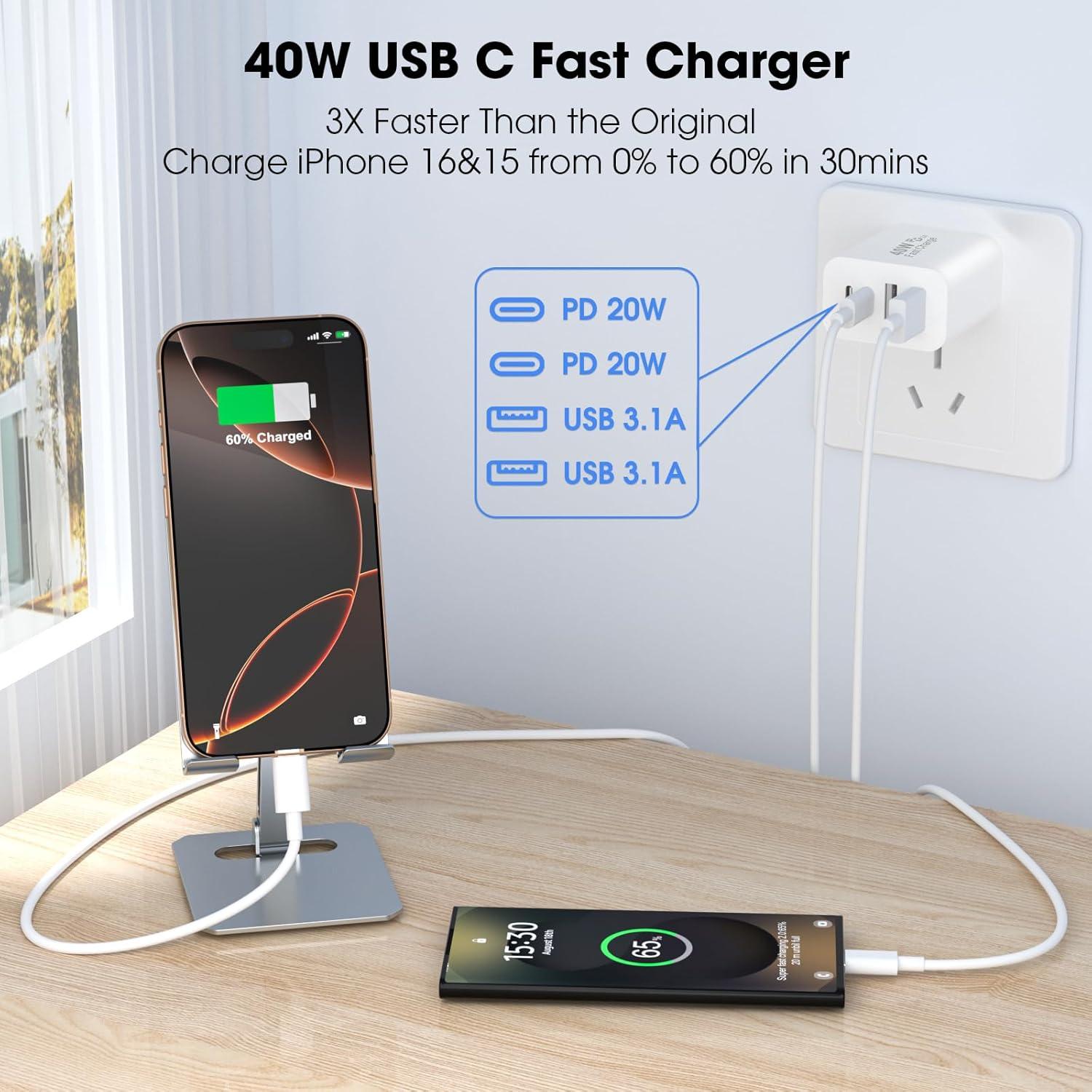 Bloque de Cargador USB C 40W 4 Puertos WWB Blanco