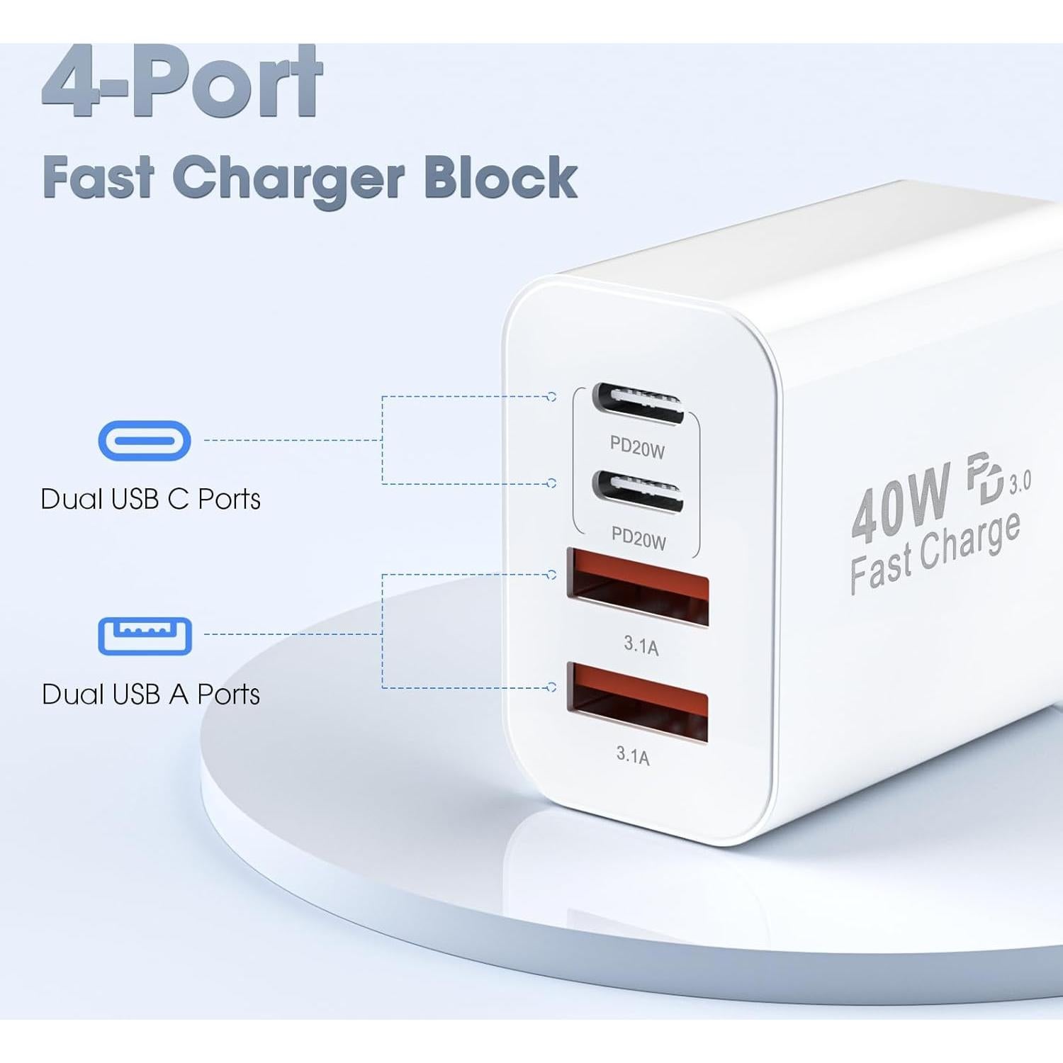 Bloque de Cargador USB C 40W 4 Puertos WWB Blanco