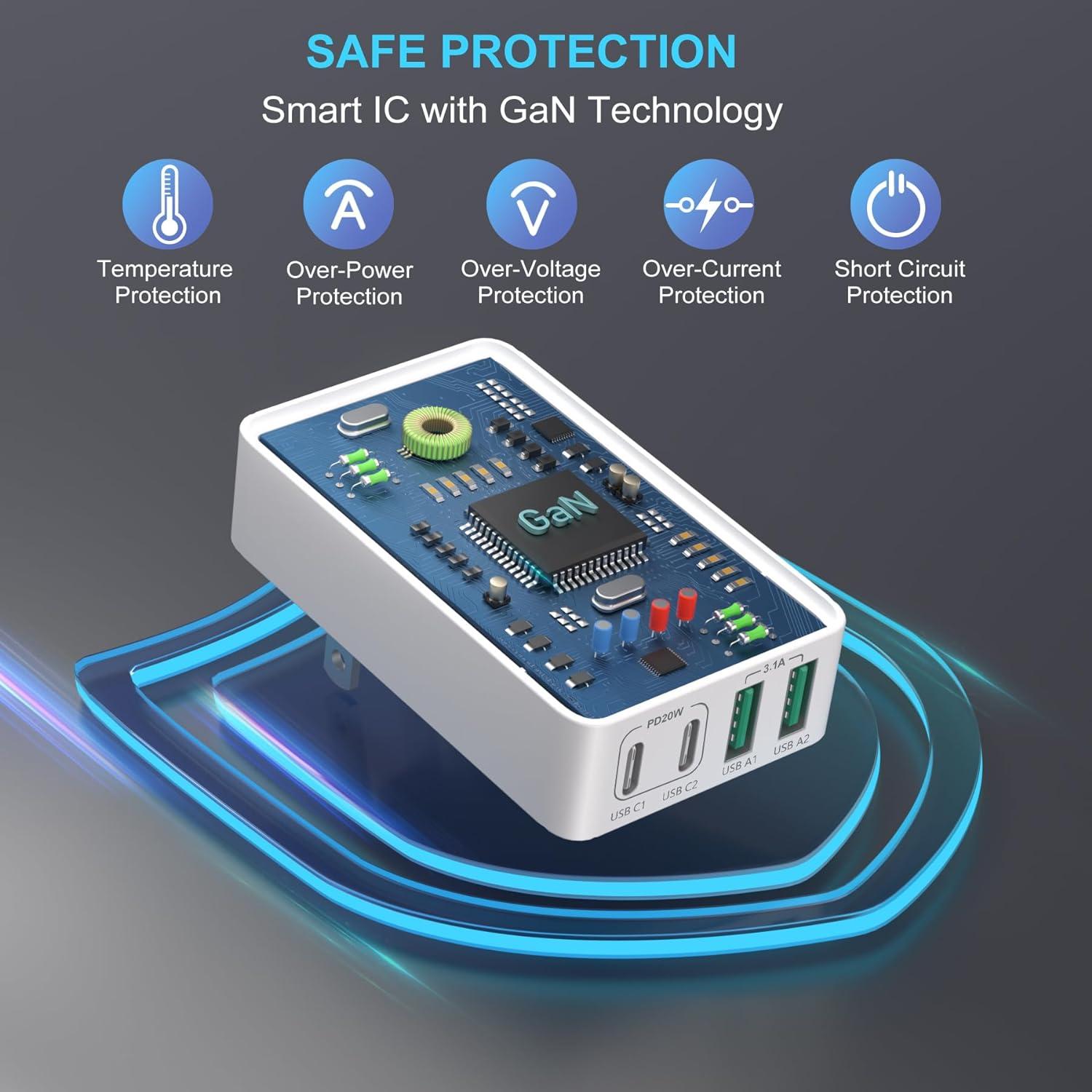 Cargador USB C Rápido OKRAY 40W 4 Puertos Plegable Blanco