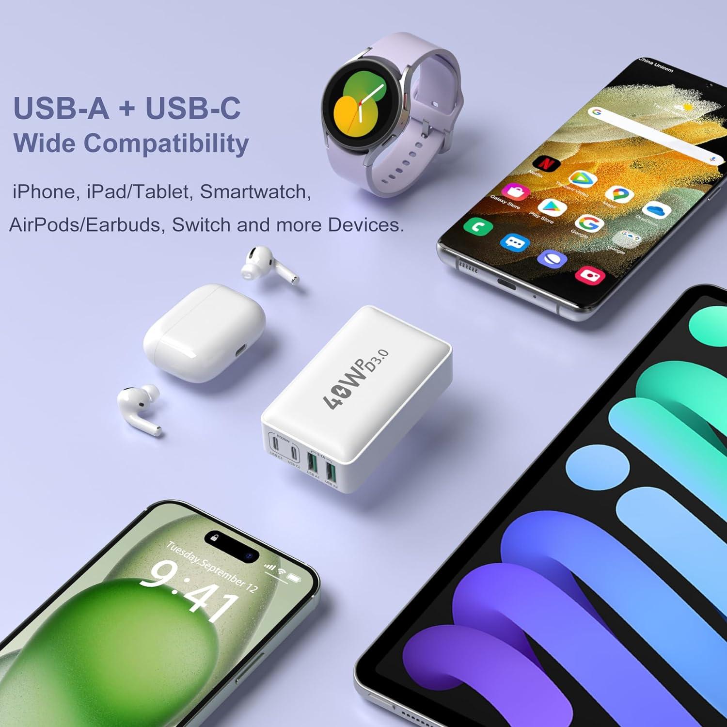 Cargador USB C Rápido OKRAY 40W 4 Puertos Plegable Blanco