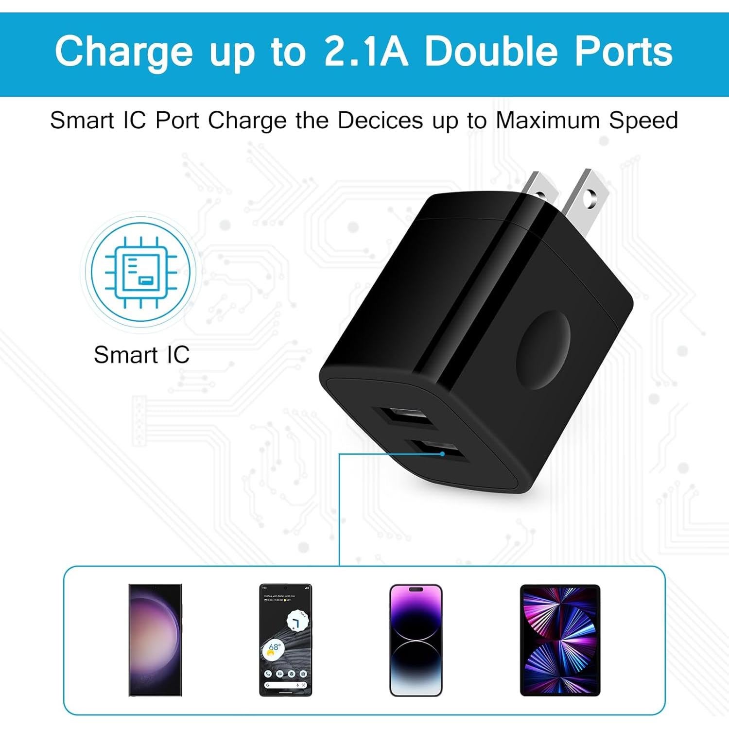 Cargador de Pared USB Doble 2.1A Negro - 3 Piezas HopePow