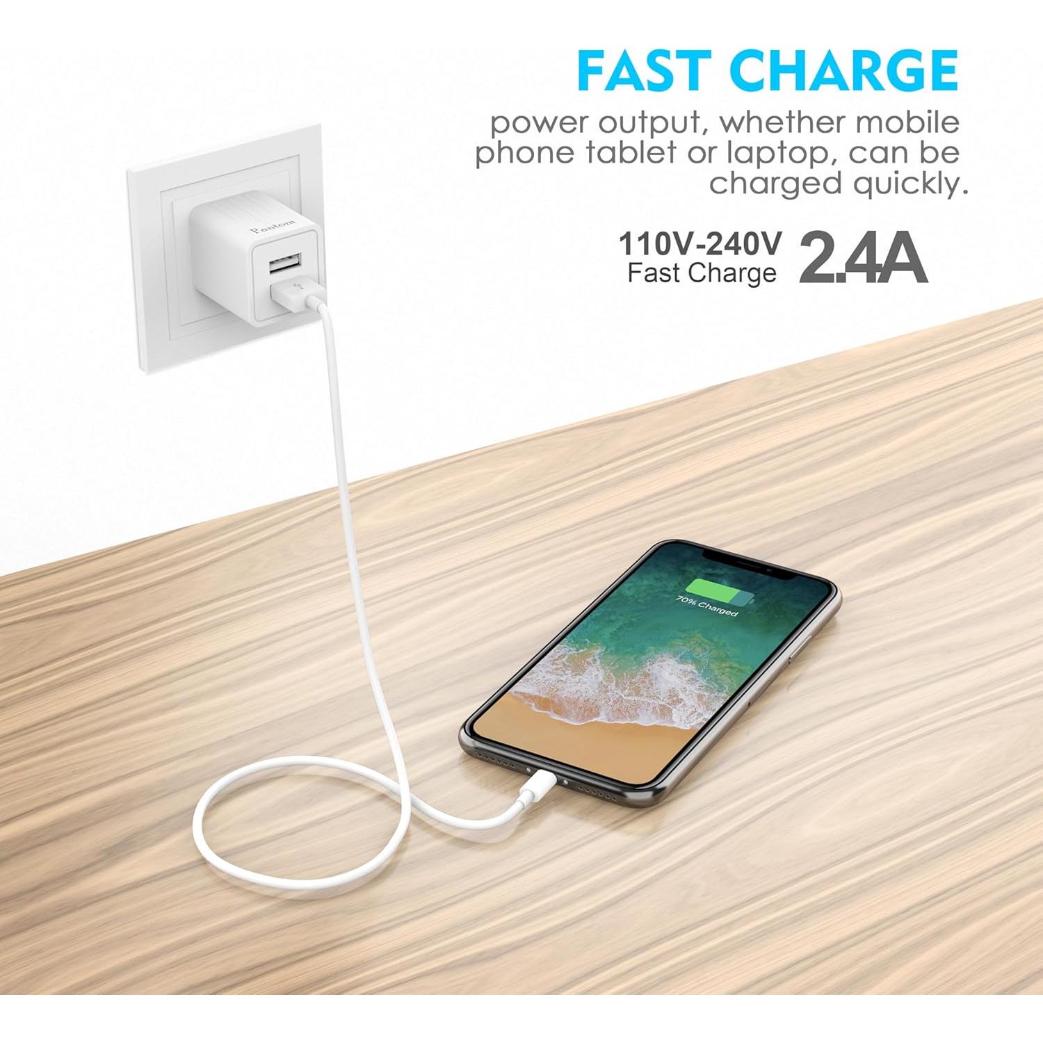 Cargador de pared 2 puertos 2.4A Pager + 2 cables Lightning 5 pies