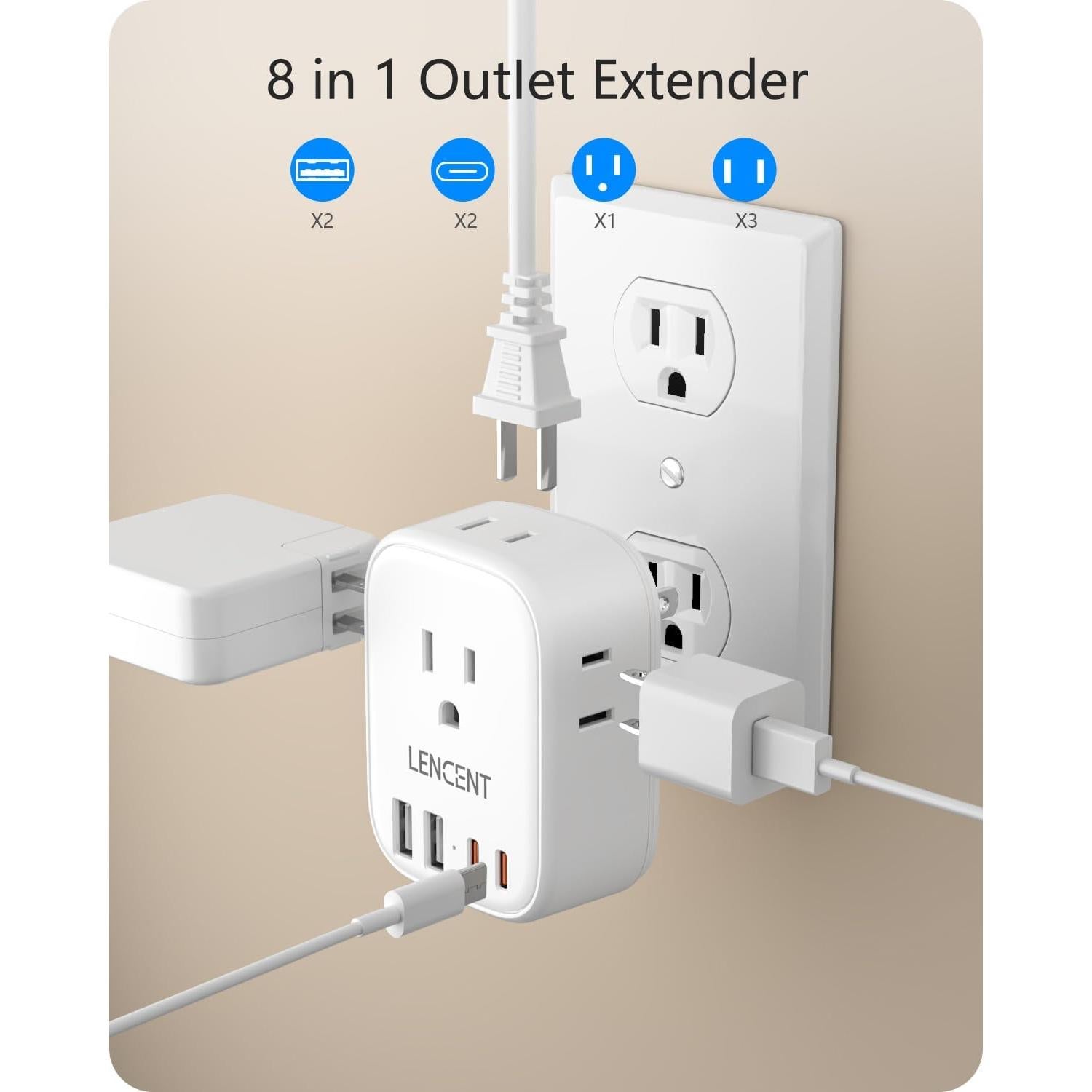 Extensor de Enchufe Múltiple LENCENT 4 AC + 4 USB-C/A Blanco