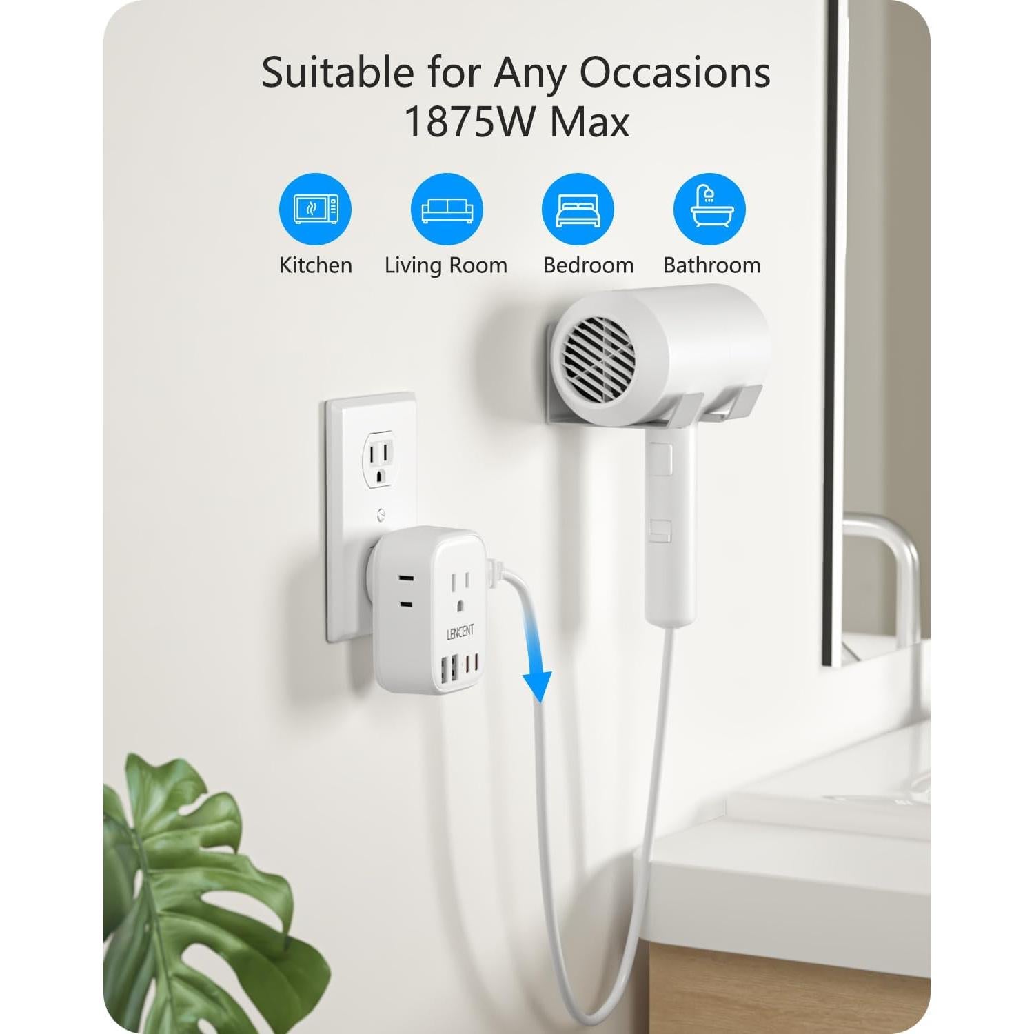 Extensor de Enchufe Múltiple LENCENT 4 AC + 4 USB-C/A Blanco