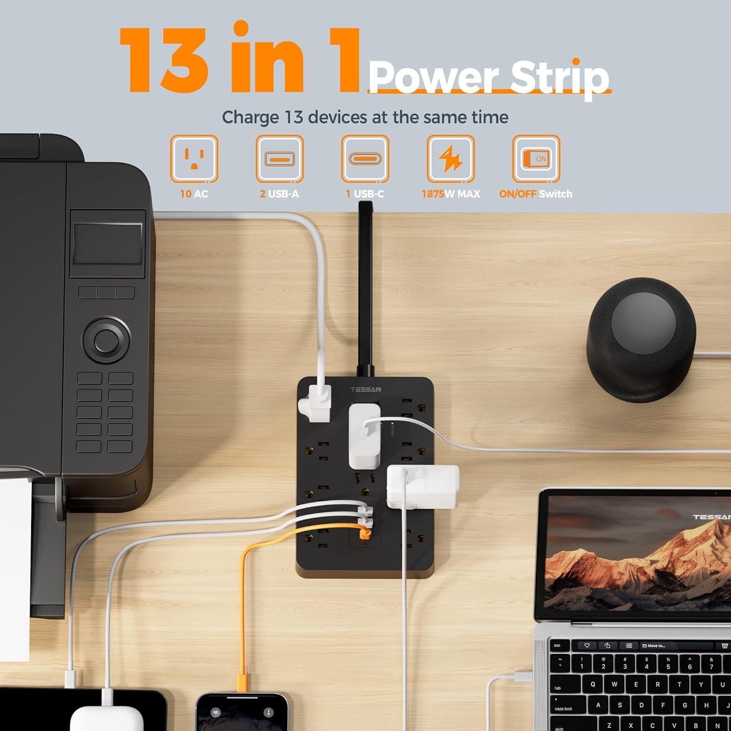 Regleta de Protección TESSAN 10 Salidas AC 3 USB 3m 1700J