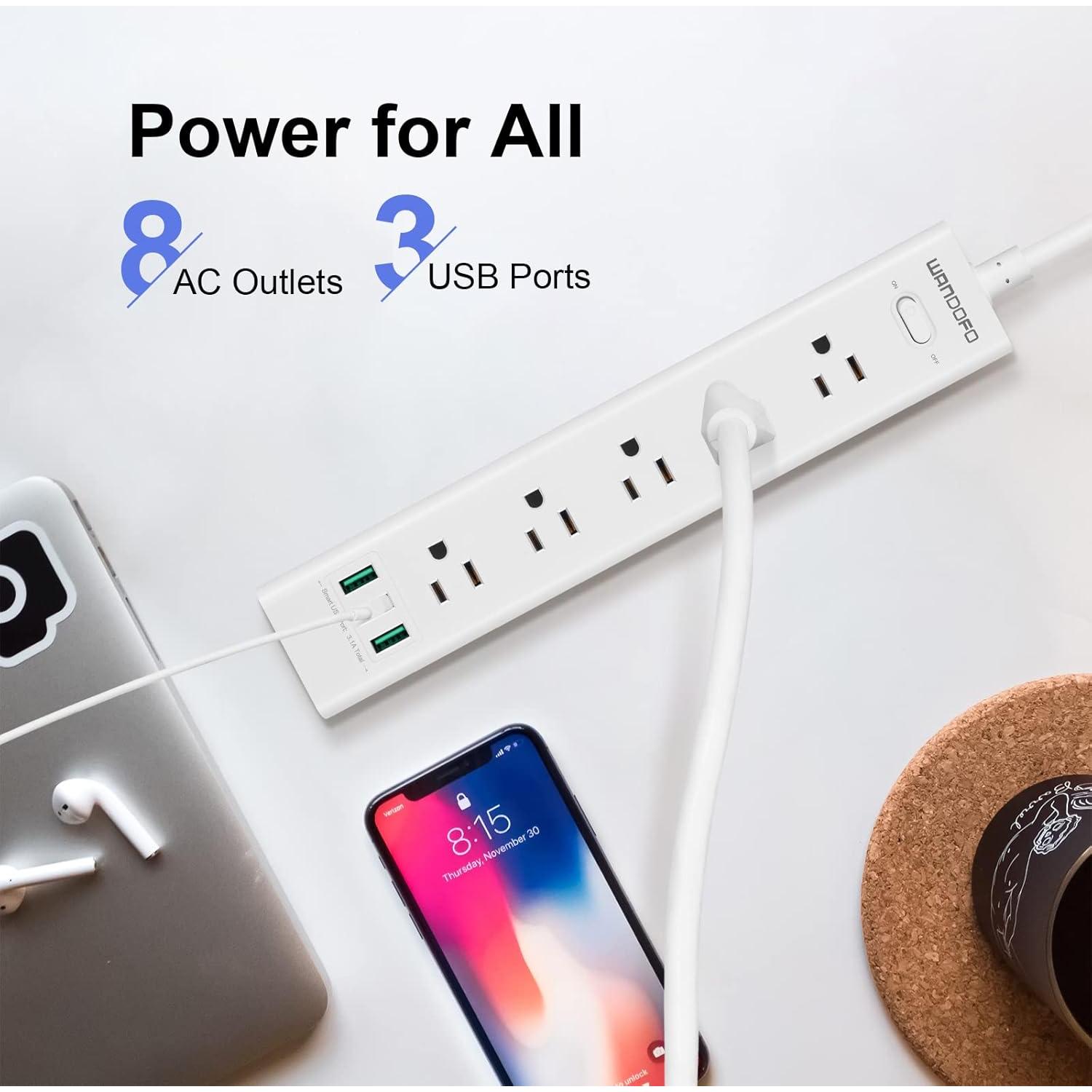 Regleta de 2 Clavijas WANDOFO con 5 Salidas y 3 USB 1.52m