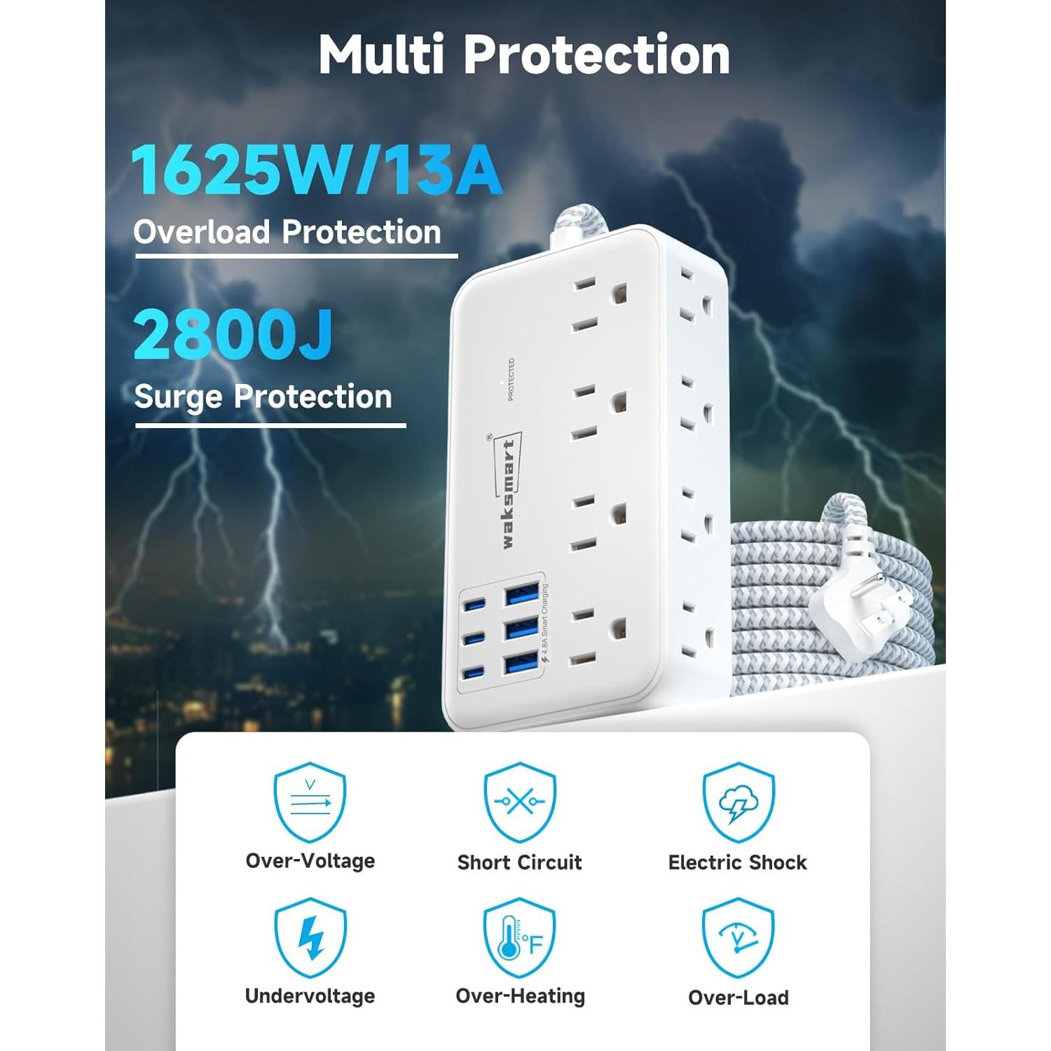 Regleta de Sobretensión Waksmart 8 Salidas AC 6 USB 24W